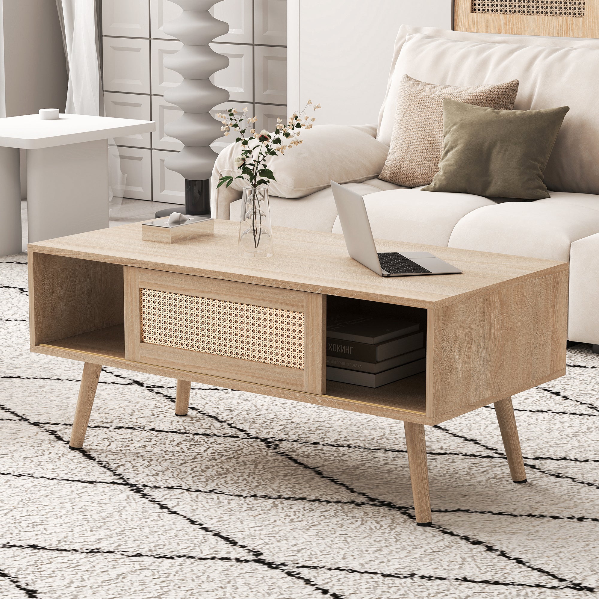 Wicker Coffee Table Sliding Doors Solid Wood Legs - Natural Color
