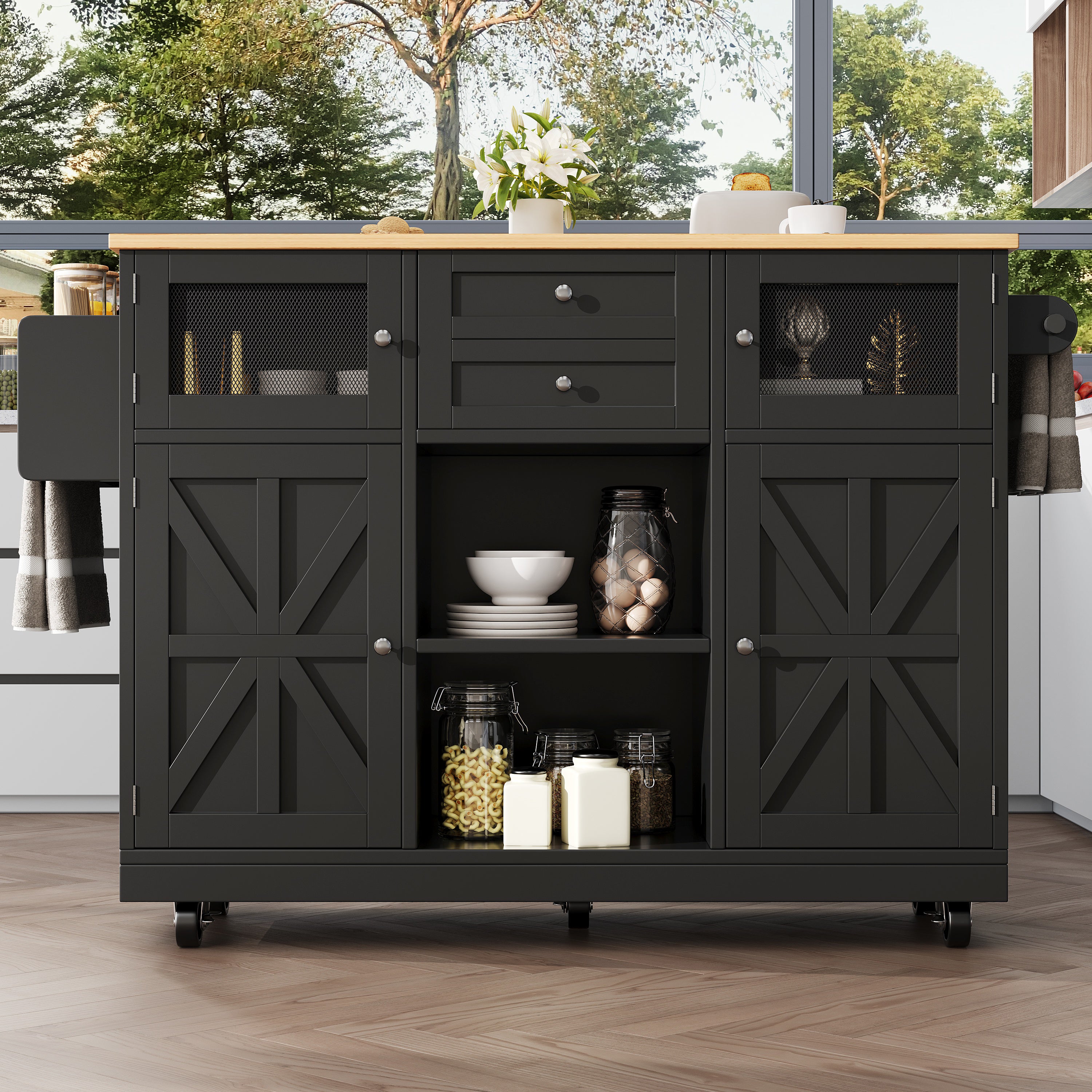 Kitchen Island Trolley Sideboard with Worktop Towel Rail Adjustable Storage Black