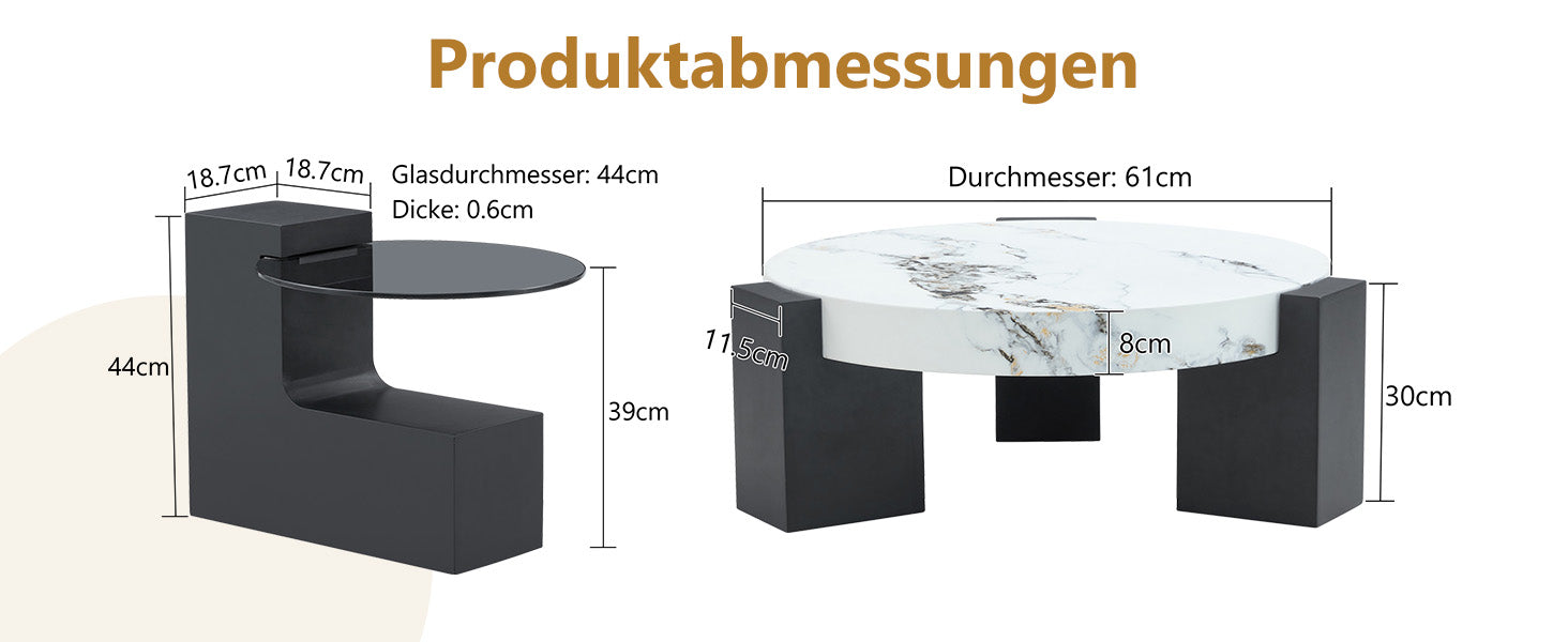 Round Side Table Two Levels Grey Glass Marble Effect Top - Black MDF