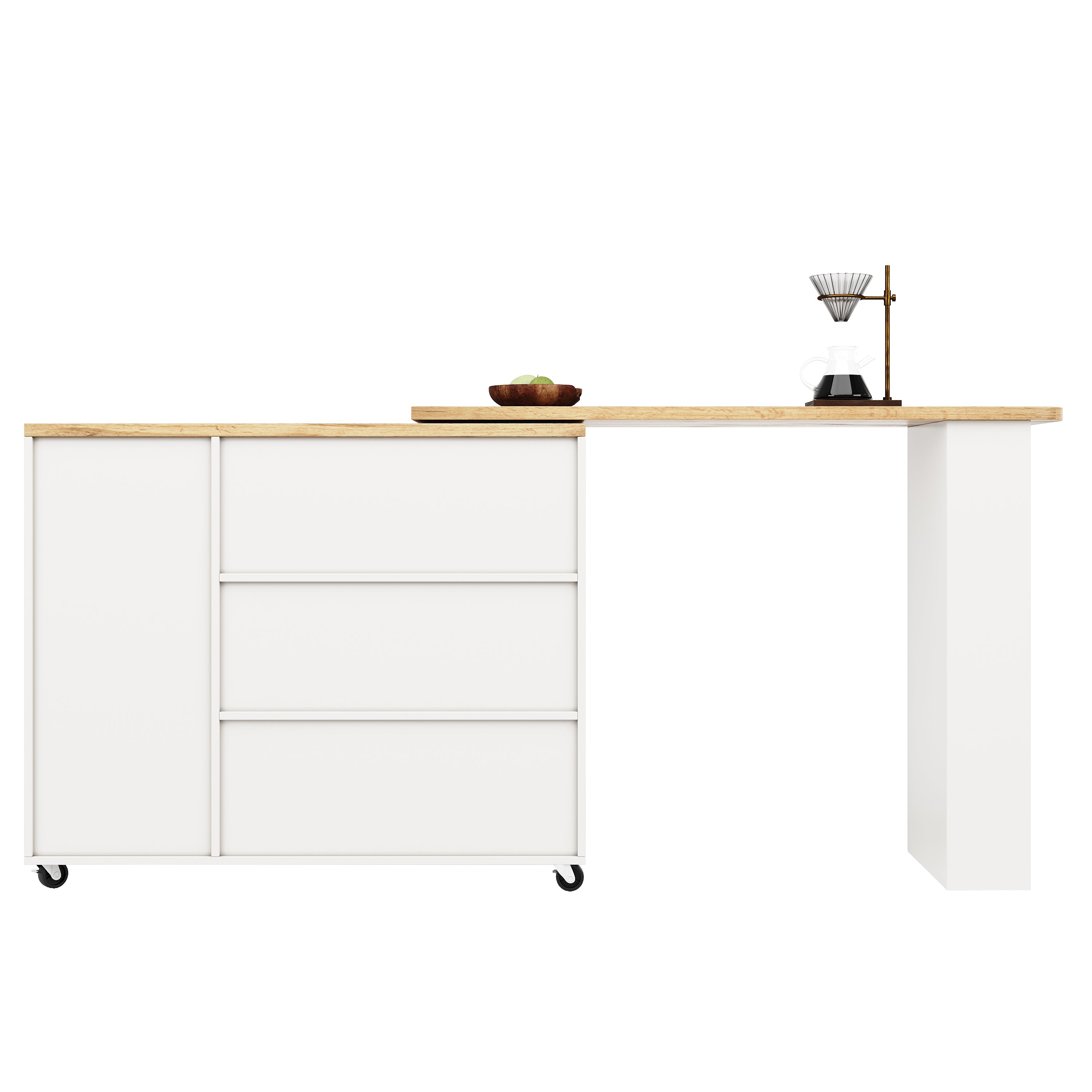 360° Rotating Bar Table Extendable Storage Island with 3 Drawers and Casters, White