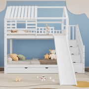 Bunk Bed, House Bed with Stairs, Slide, Storage, Safety Gate & Drawer, Pine/MDF, White