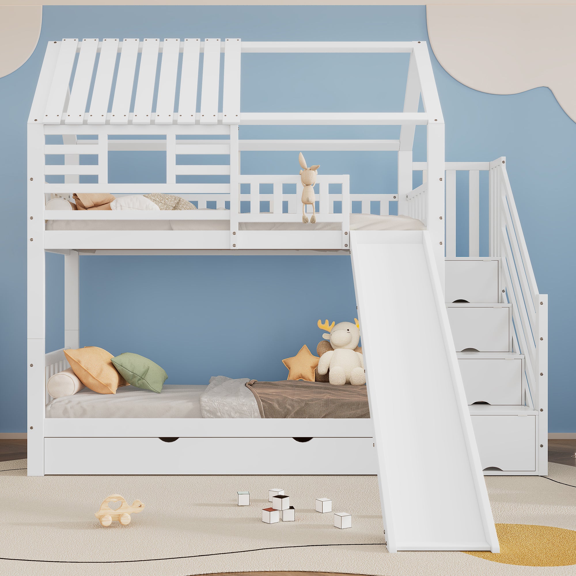 Bunk Bed, House Bed with Stairs, Slide, Storage, Safety Gate & Drawer, Pine/MDF, White