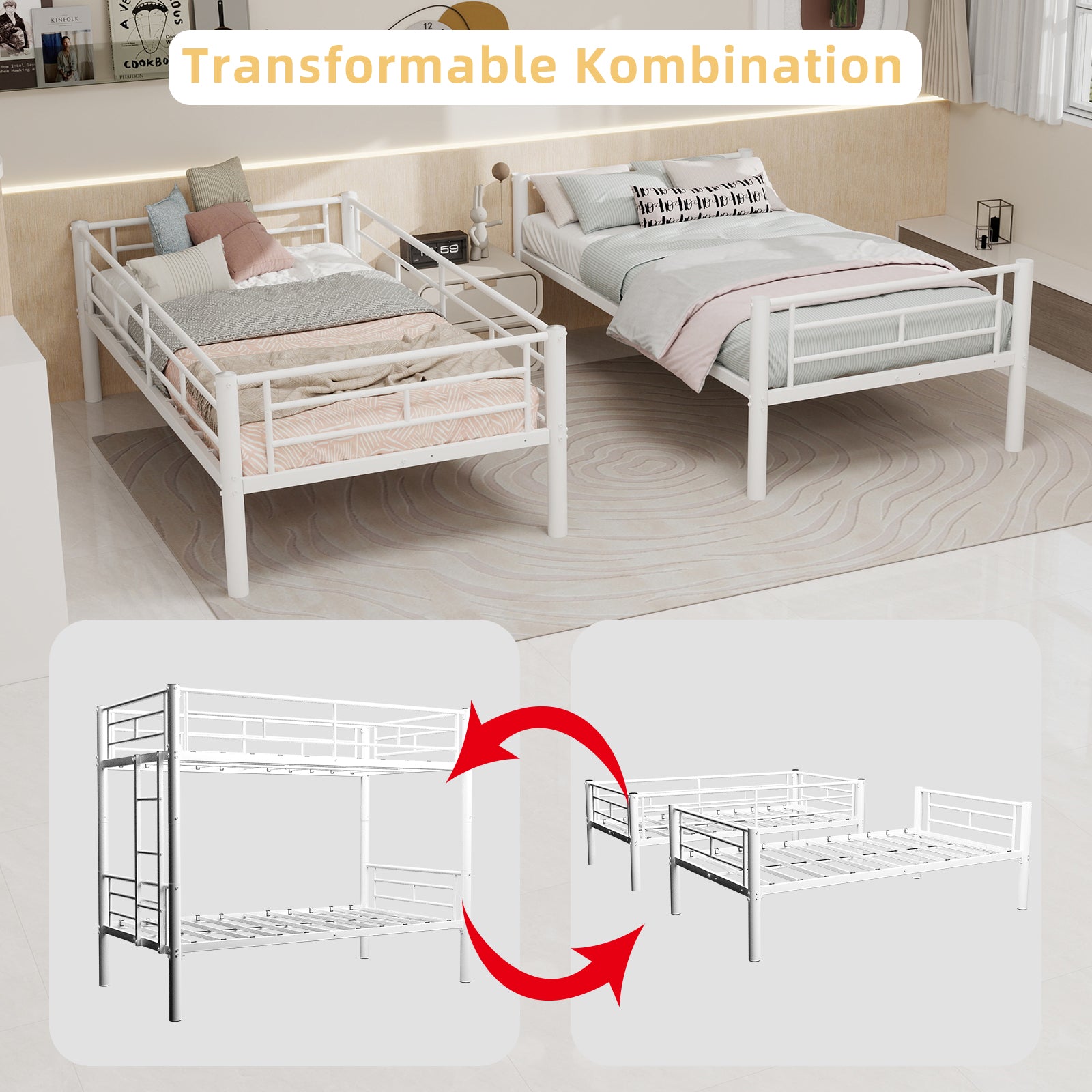 Twin over Twin Bunk Bed Convertible 2 Beds with Ladders & Railings, Metal