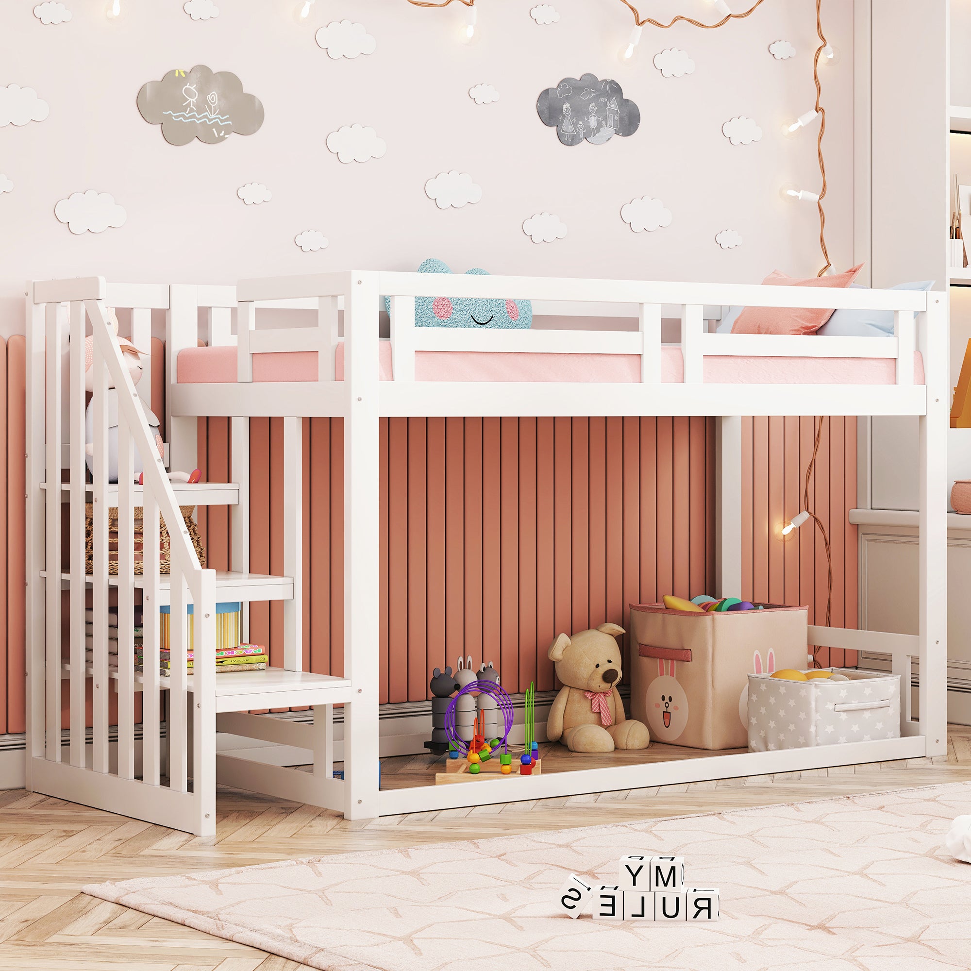 Children's Bed, Low Bunk with Safety Stairs, Solid Wood, White