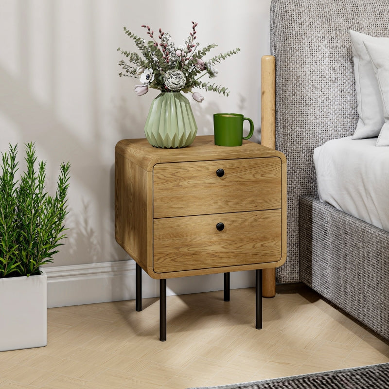 Bedside Table with 2 Drawers Steel Legs - Oak