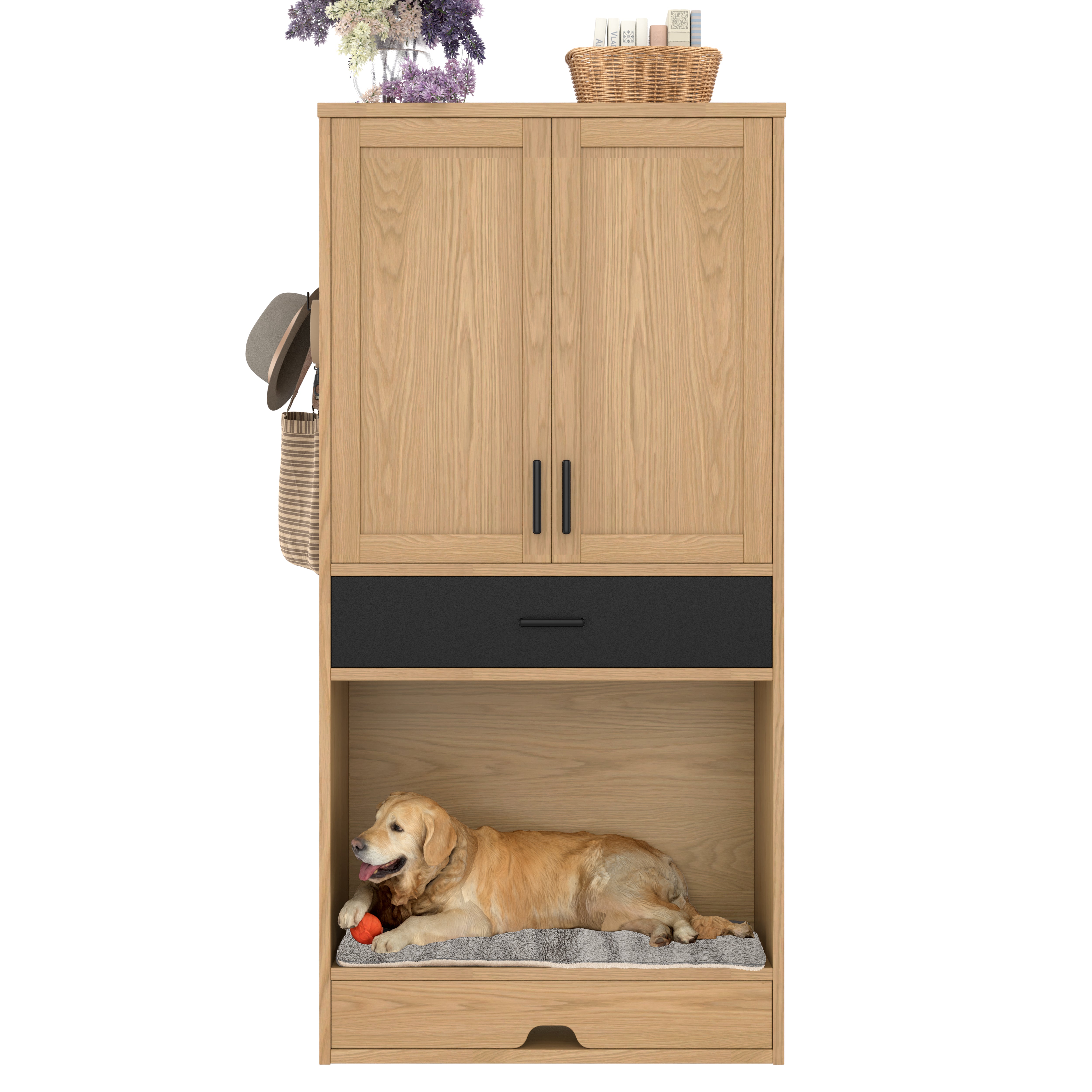 Pet Cabinet, Multifunctional with Feeding Station, Dog Bed, Storage, Hooks, Oak Look