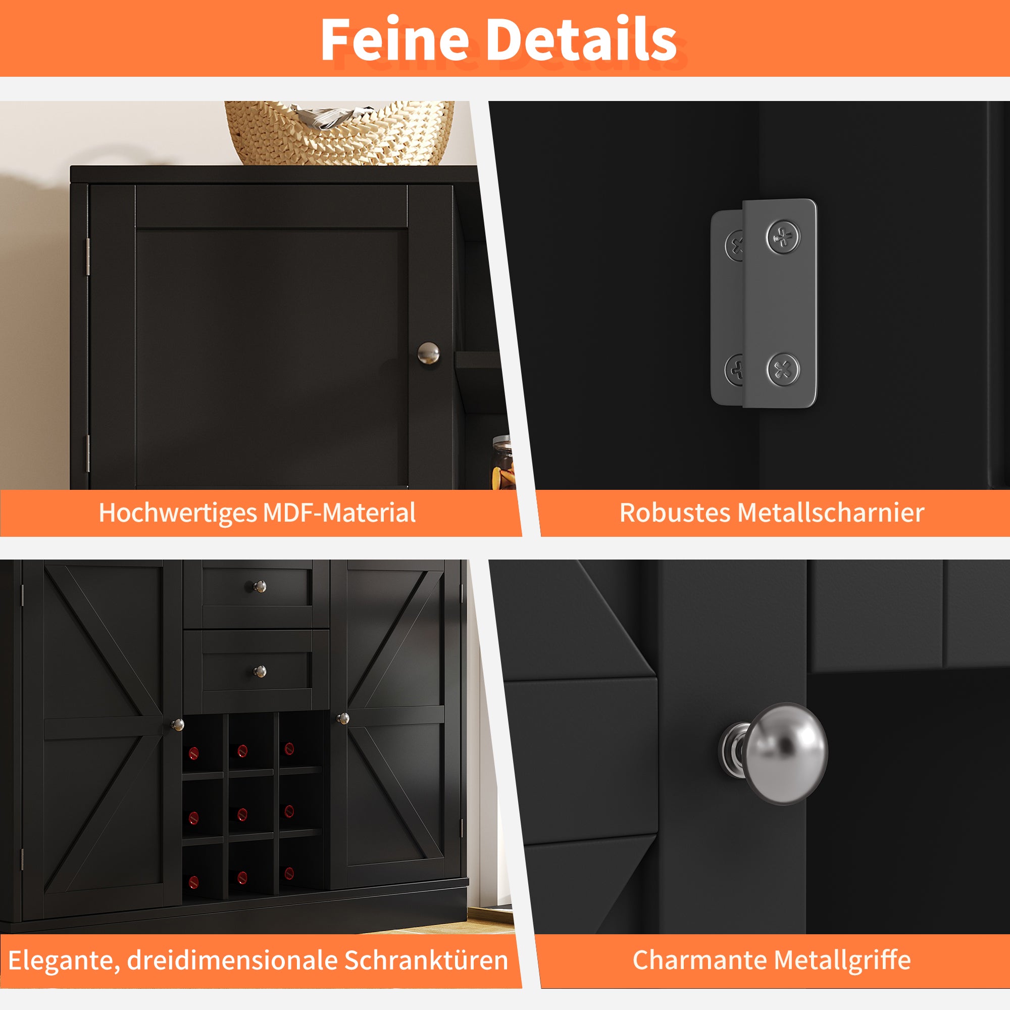 Tall Kitchen Buffet Cabinet with Adjustable Shelves, Wine Rack, 4 Doors & 2 Drawers - Black