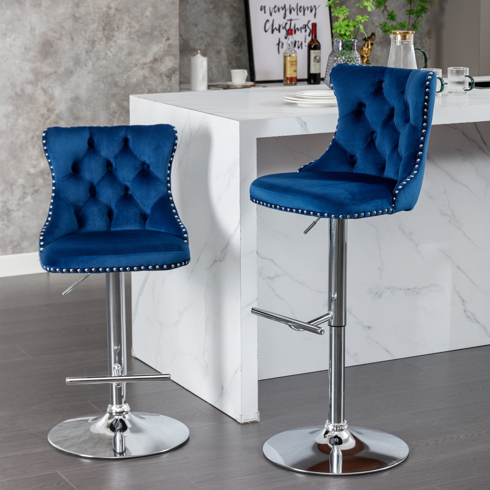 Swivel Barstools, Adjustable Height Chrome Base Comfortable Tufted, Set of 2, Blue Velvet