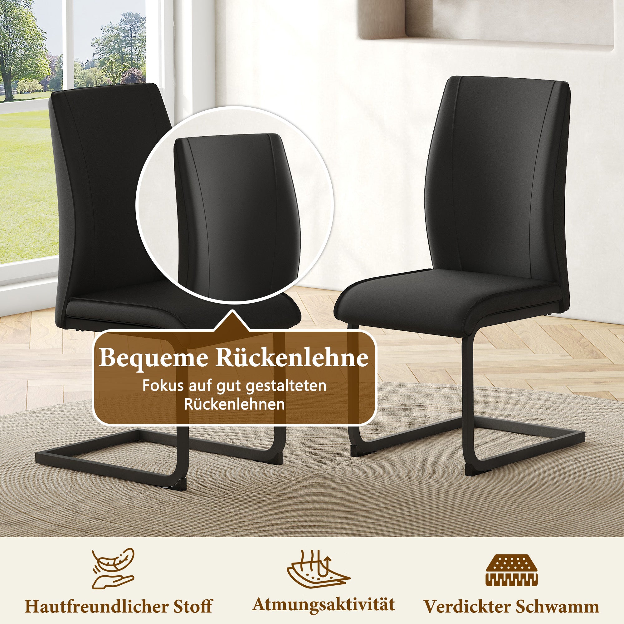 2-piece Set Dining Chairs with Black Metal Legs, Ergonomic Design, Black PU