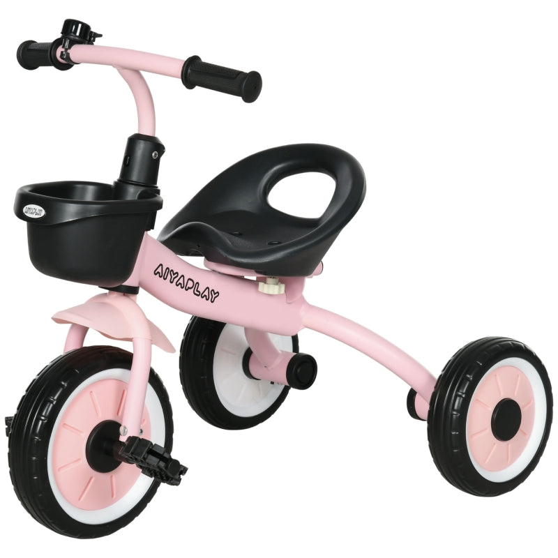 AIYAPLAY tricycle for children with height-adjustable seat, bell, bicycle basket, metal frame, pink