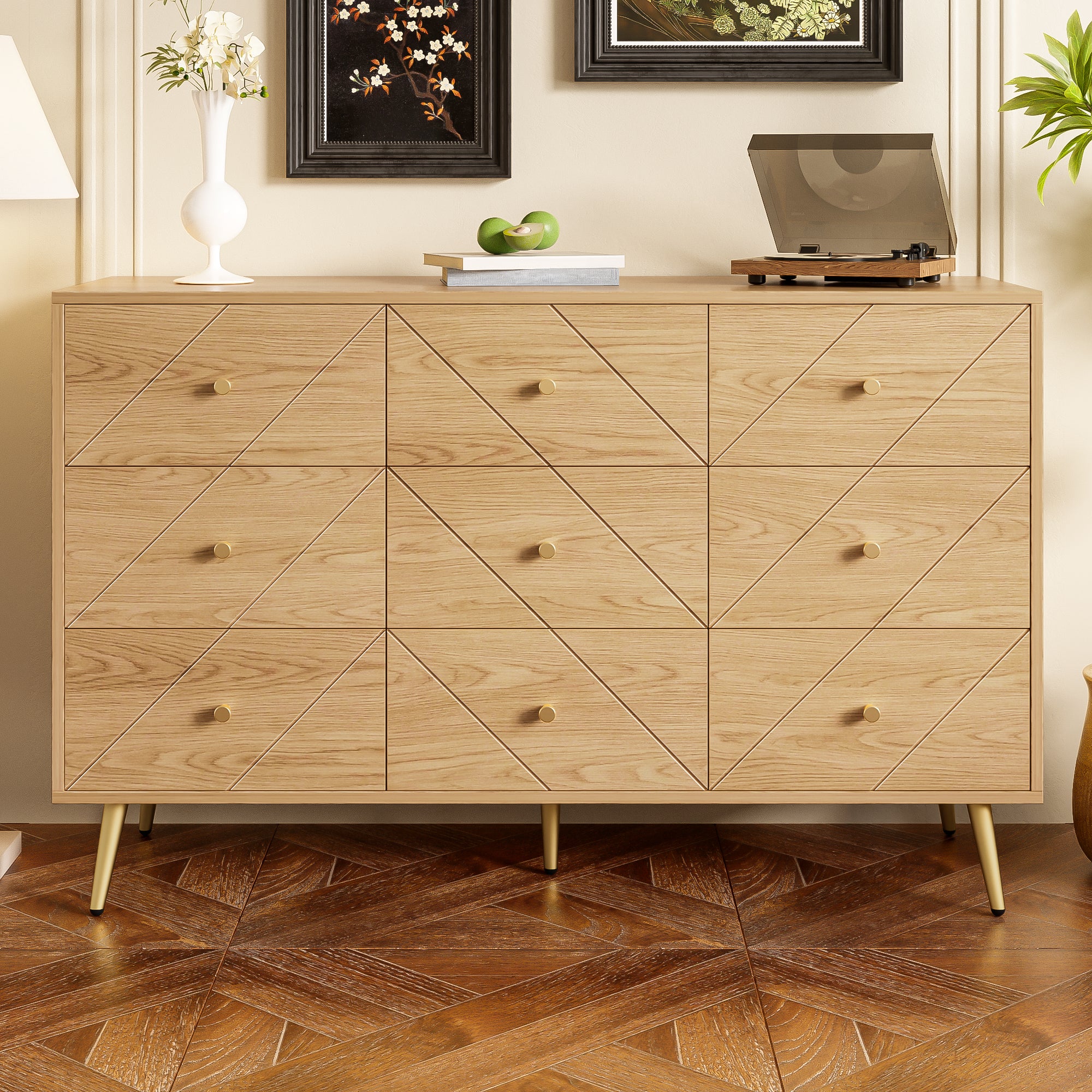 Modern 9-Drawer Chest, Iron Legs Geometric Pattern, PB Construction