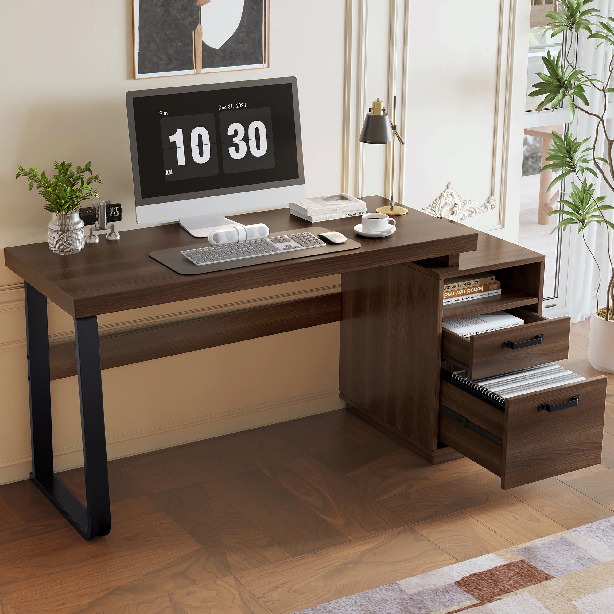 Modern Desk with Multifunctional Storage and Silent File Drawer, MDF and Steel, Brown