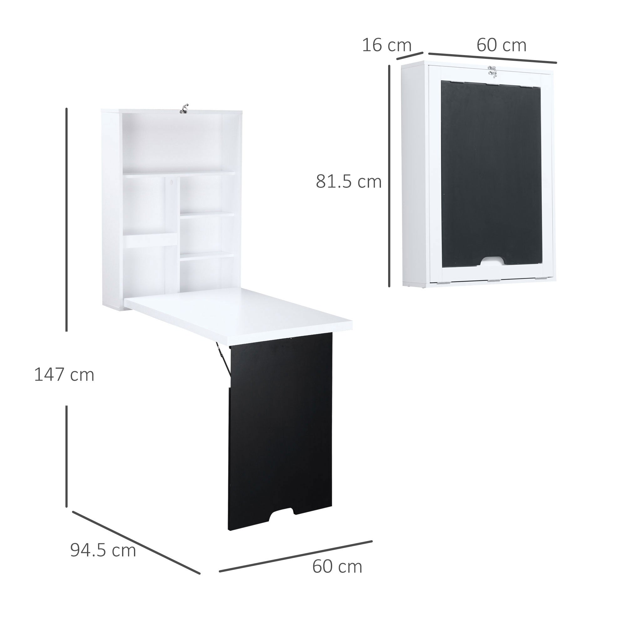 Folding Wall-Mounted Drop-Leaf Table Convertible Chalkboard Storage Floating Desk White