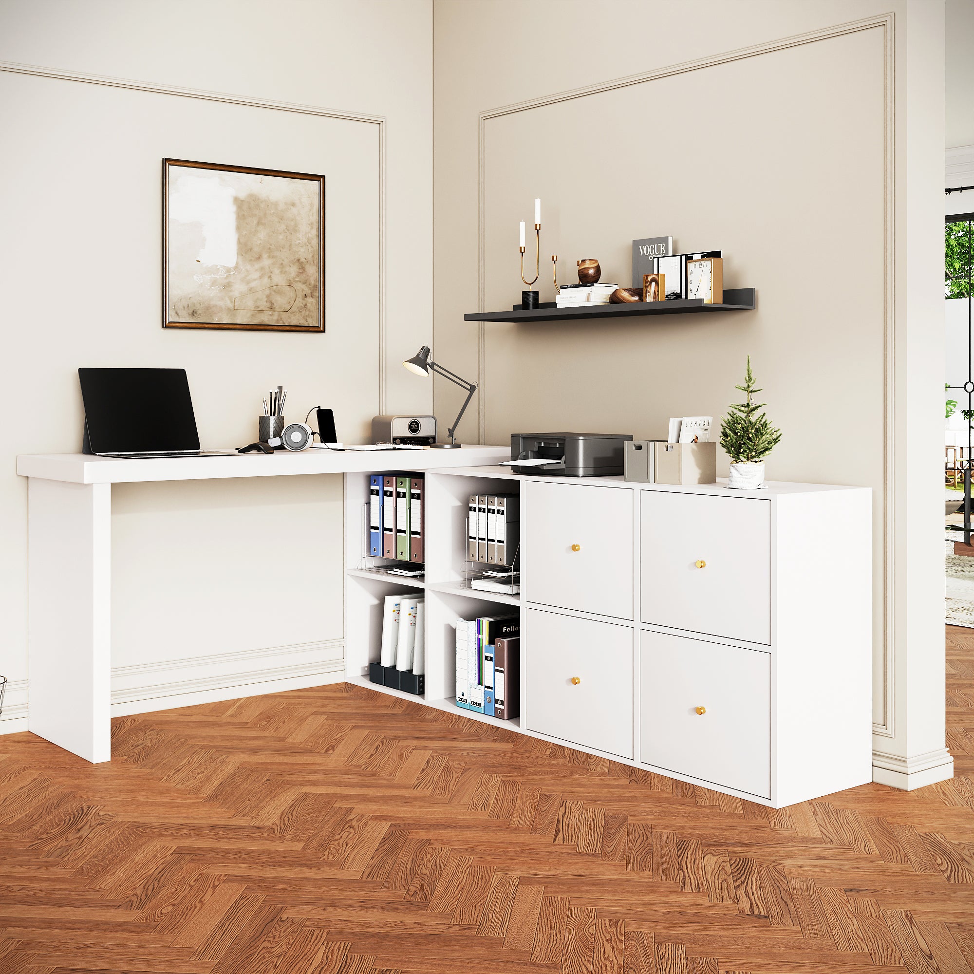 Corner Table 360° Swivel L-Shape/Straight, 4 Compartments 4 Drawers, White MDF