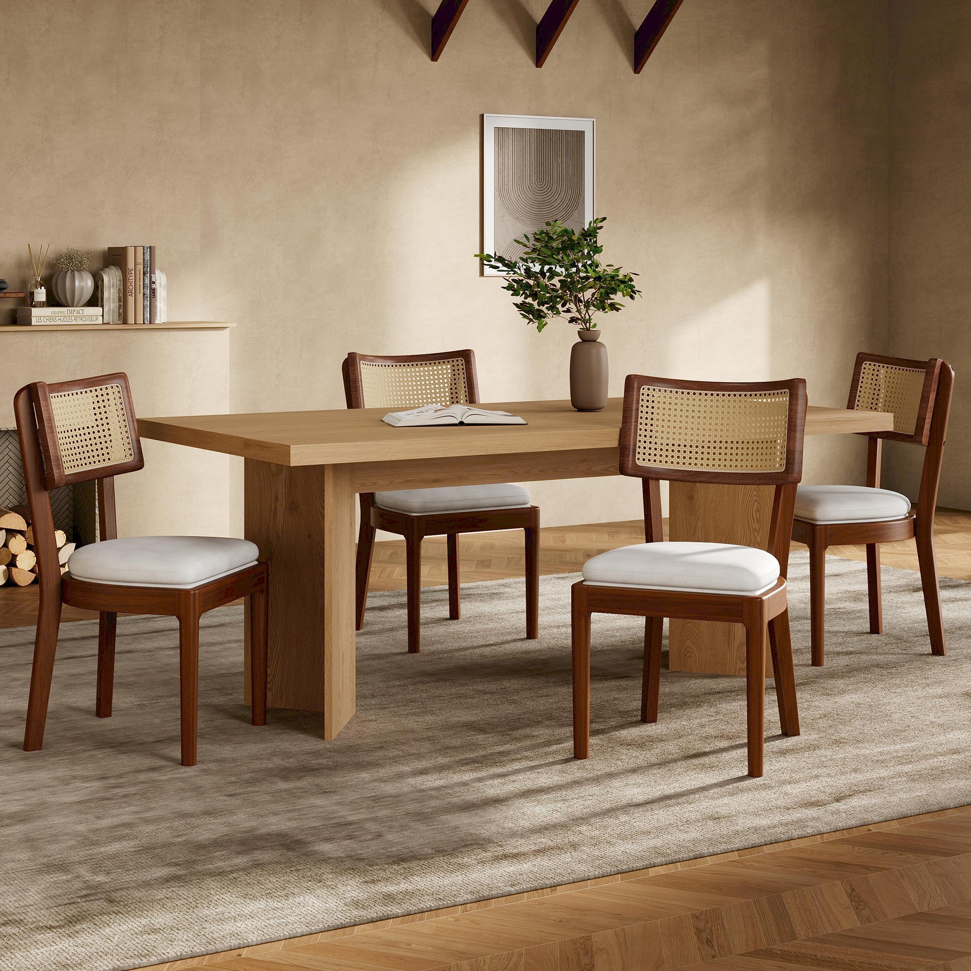 Dining Chairs, Set of 4 Solid Wood with Rattan Backrests, Linen/Walnut