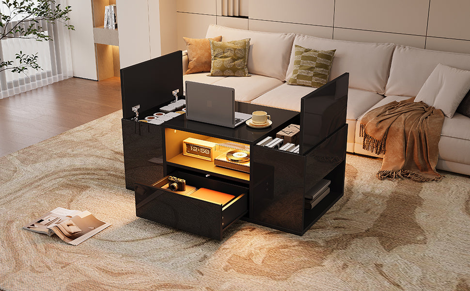 Coffee Table 100x50x40cm High-Gloss LED 1 Drawer 2 Cabinets - Black