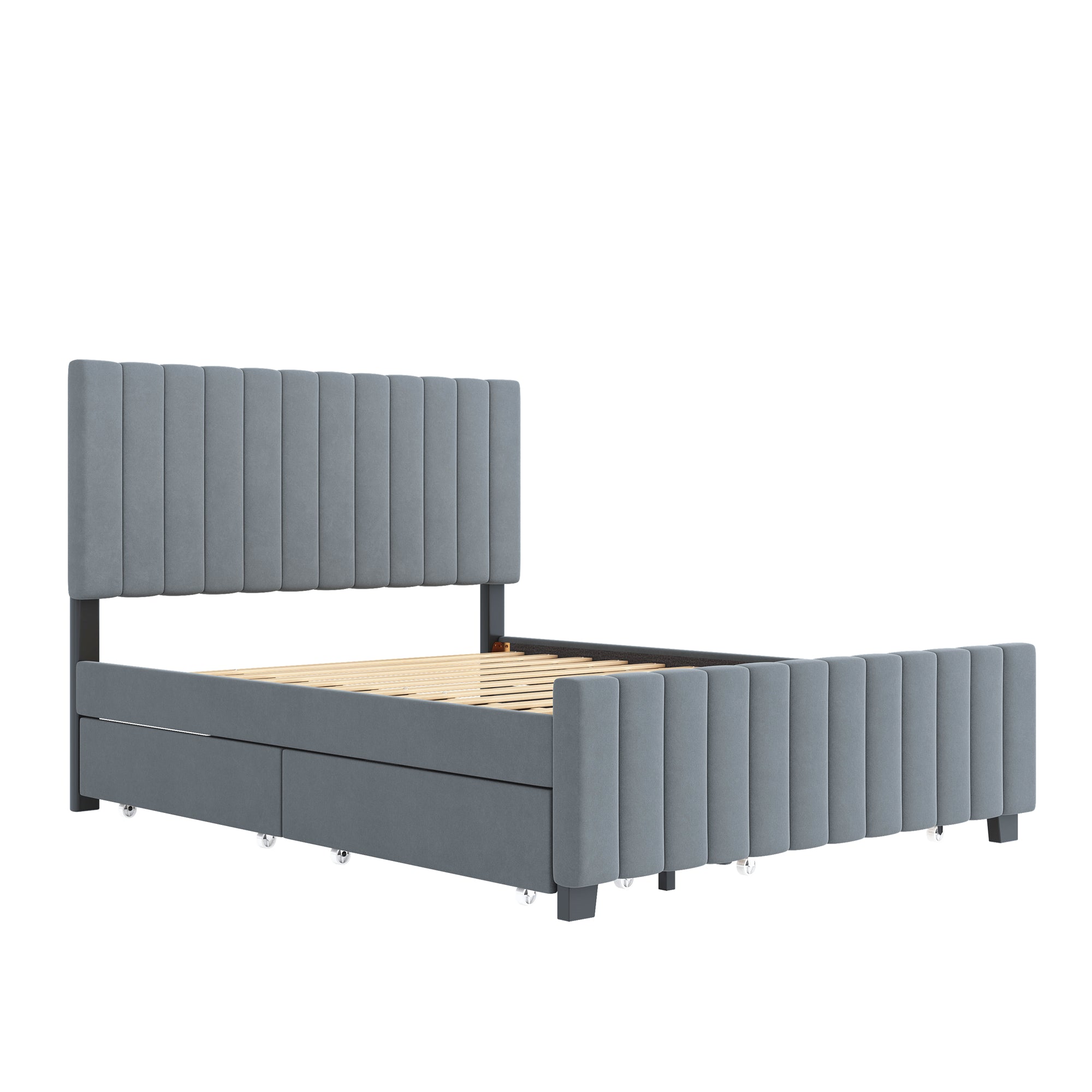 Upholstered Bed 140x190cm, Pull-Out & 2 Drawers, Velvet, Gray