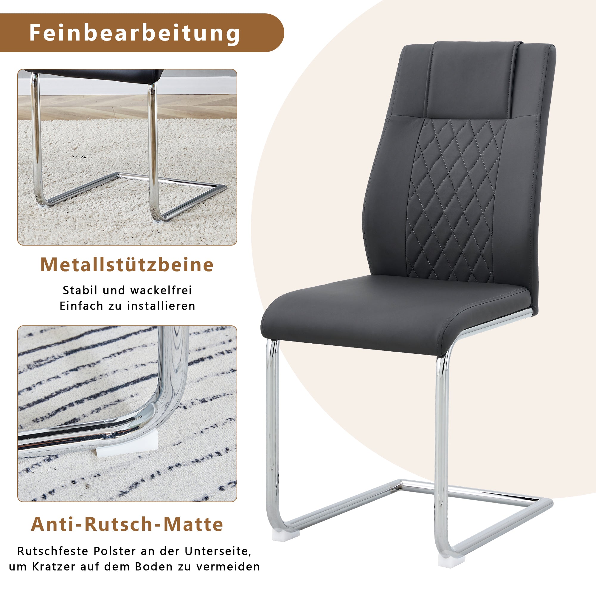 Dining Chair, Nordic Style Mesh Stitching with Silver Metal Legs, Black PU