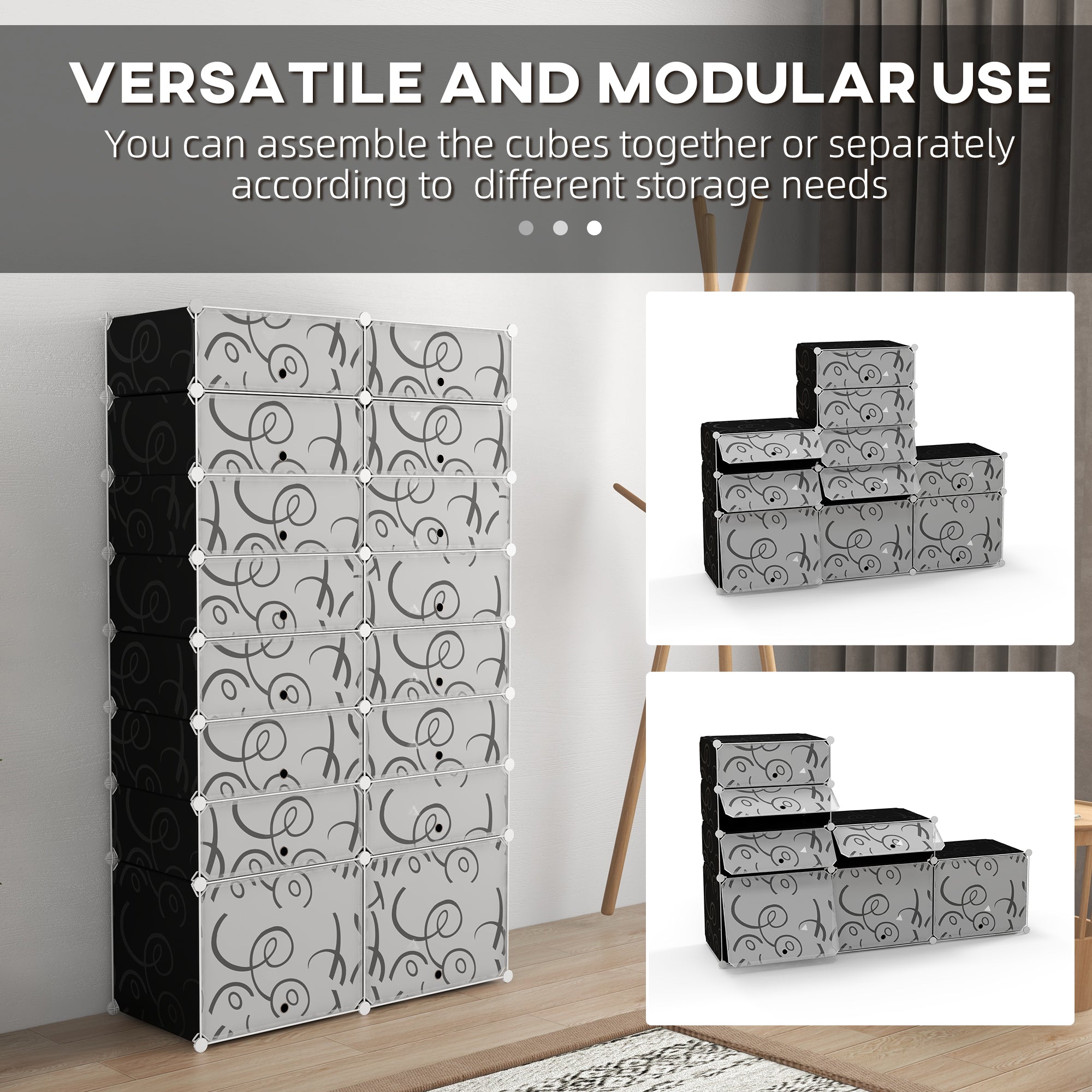 16 Cube Shoe Rack Modular Storage Cabinet 32 Pairs Plastic White and Black