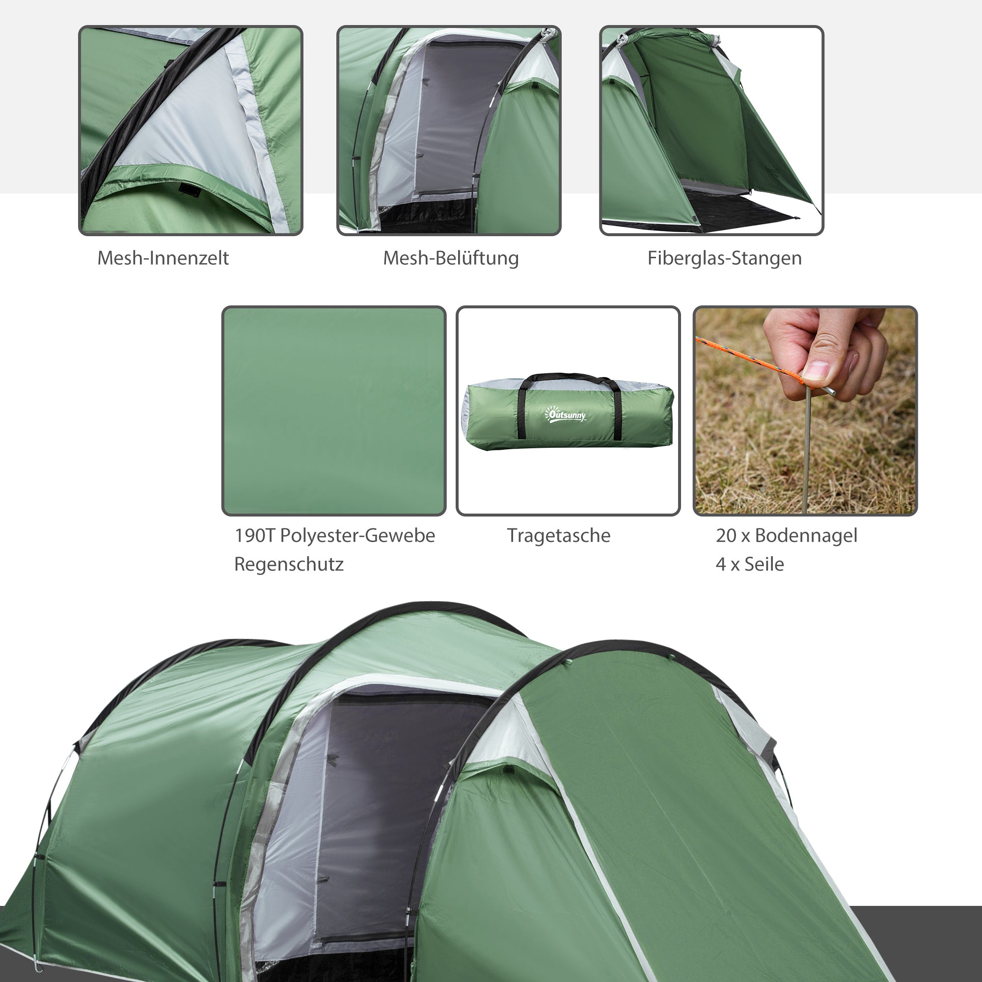 Tunnel Tent, 2-3 Persons, Camping, Dark Green