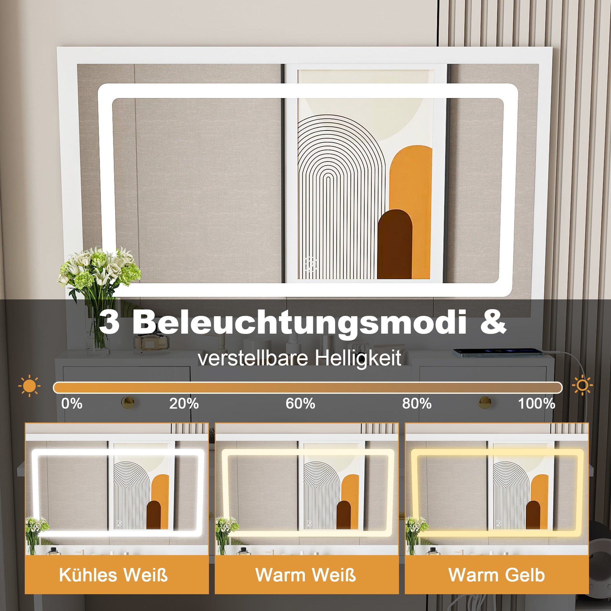 Bedroom Dressing Table, XXL Mirror, Stool, Socket, 4 Drawers, LED Light - White