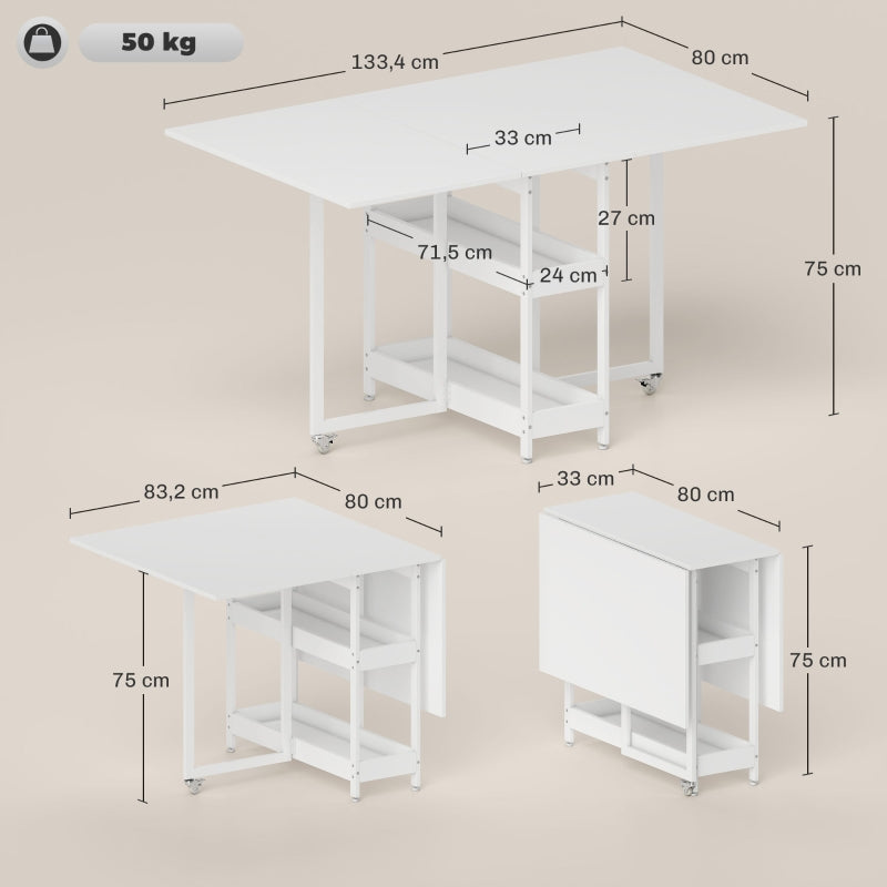 Folding Dining Table, Portable for 2-4 People with Open Shelves, White