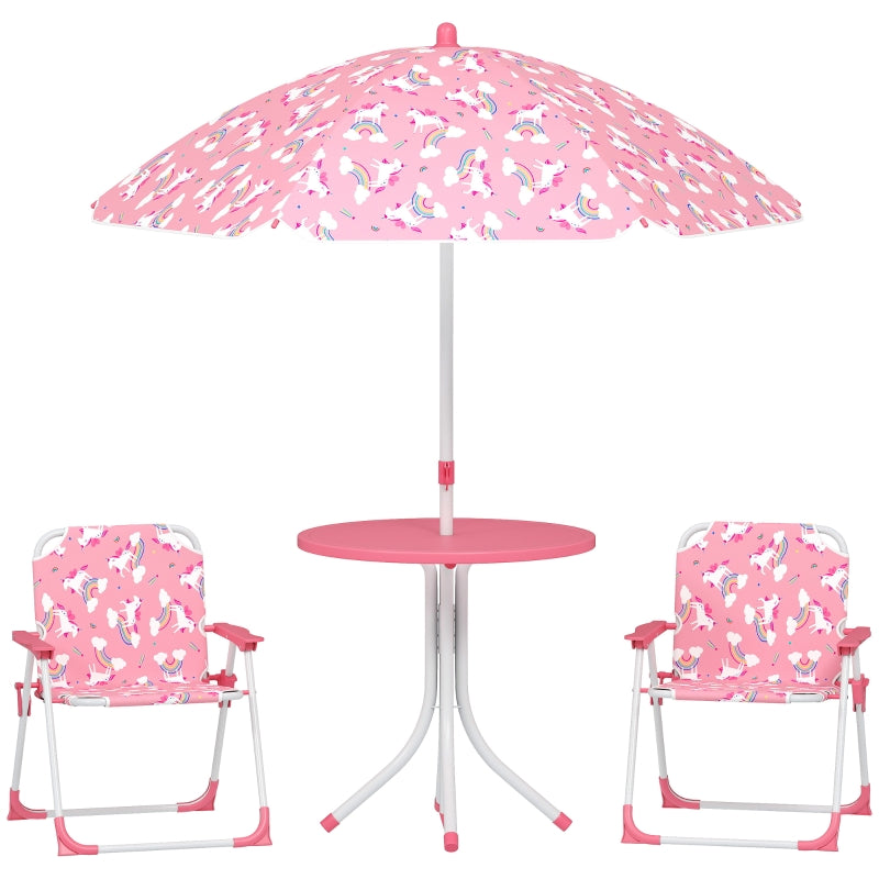 Children's Seating Set 4-Piece Table 2 Folding Chairs Removable Parasol Pink