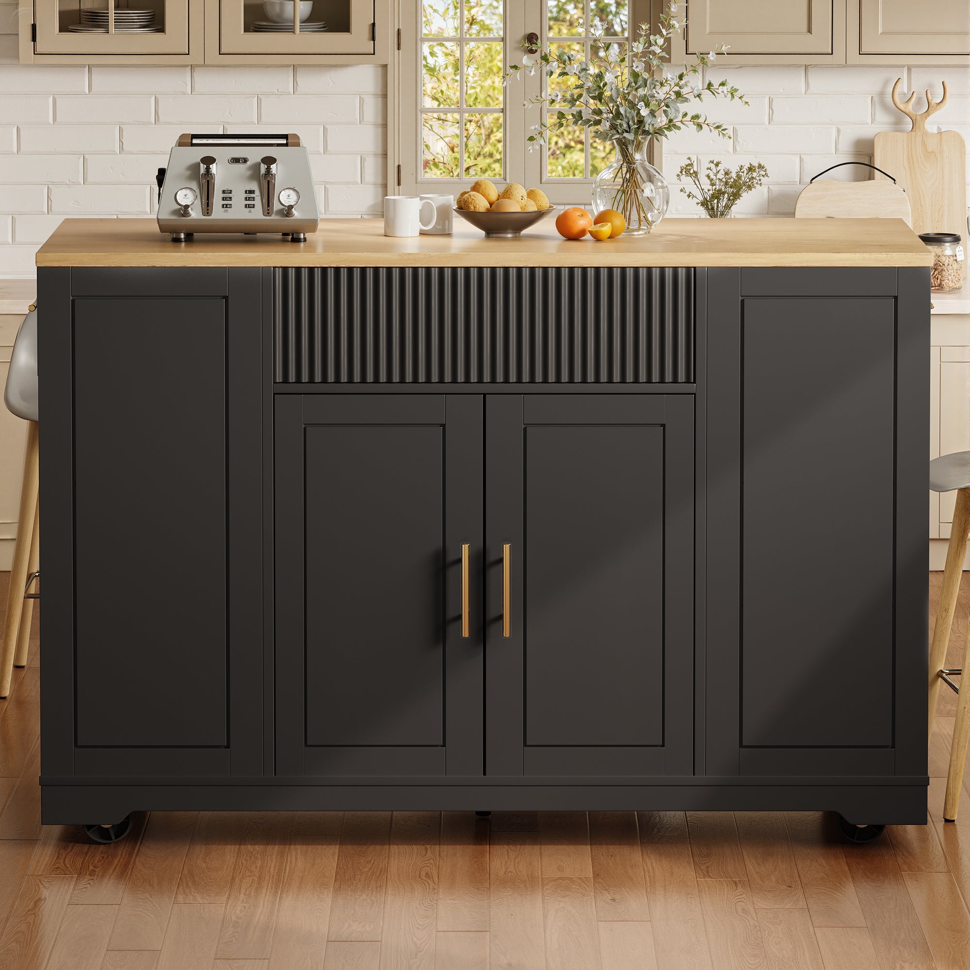 Kitchen Island with Waste Bin Compartment, 2 Doors & 3 Drawers, Black Wood Grain
