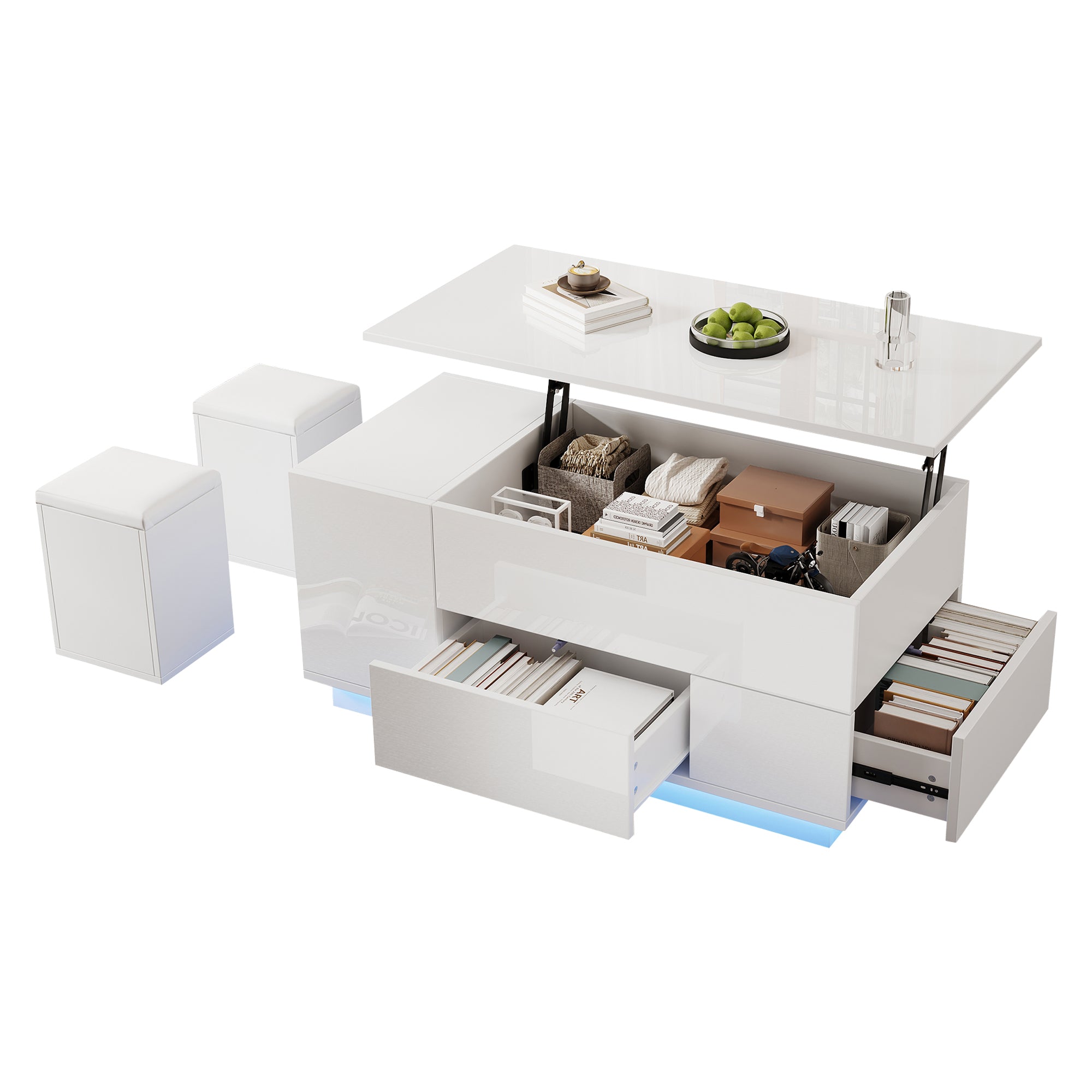 Coffee Table 4-in-1 Height-Adjustable LED 2 Drawers High-Gloss White
