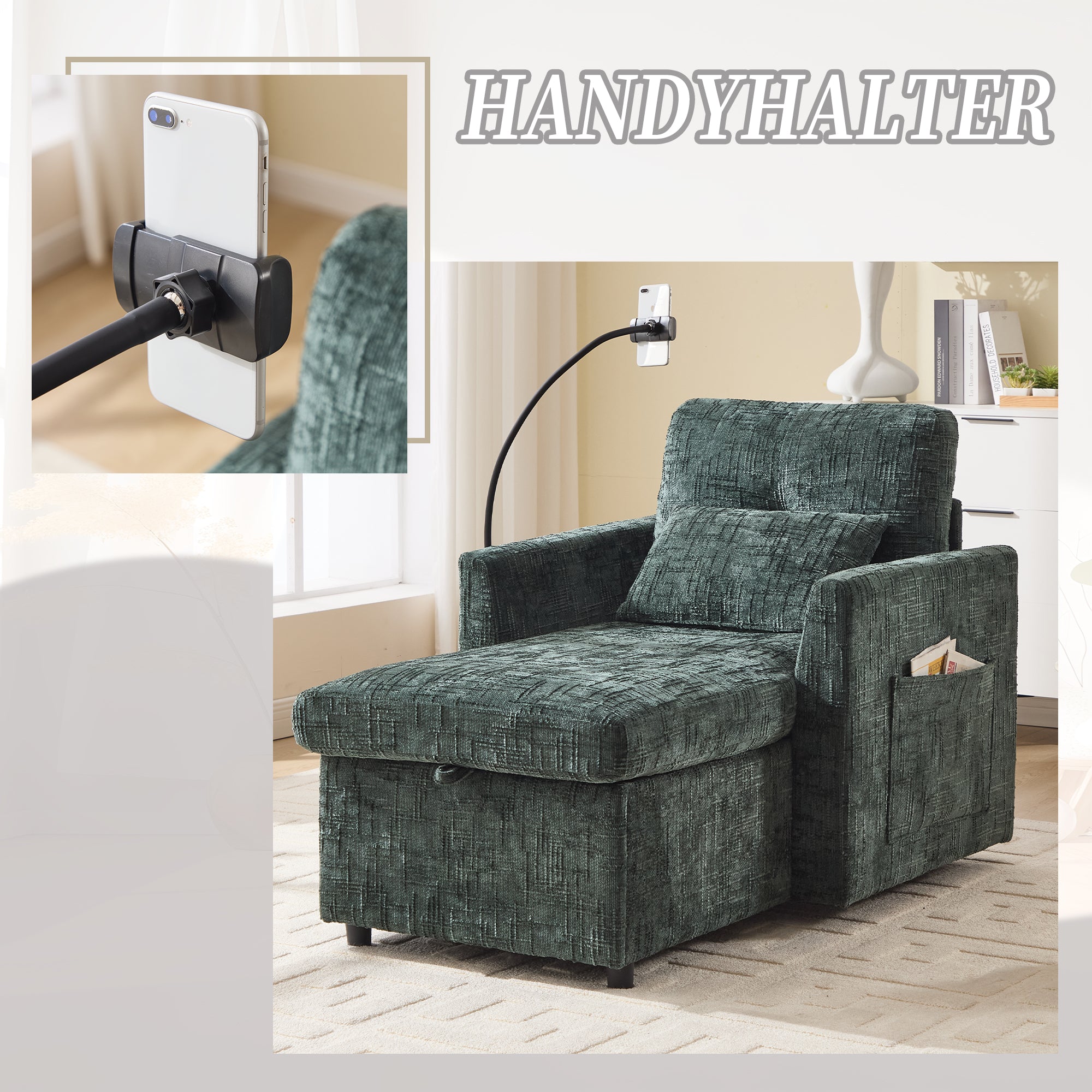 Multifunctional Lazy Sofa, Stowable Backrest with Phone Holder, Chenille