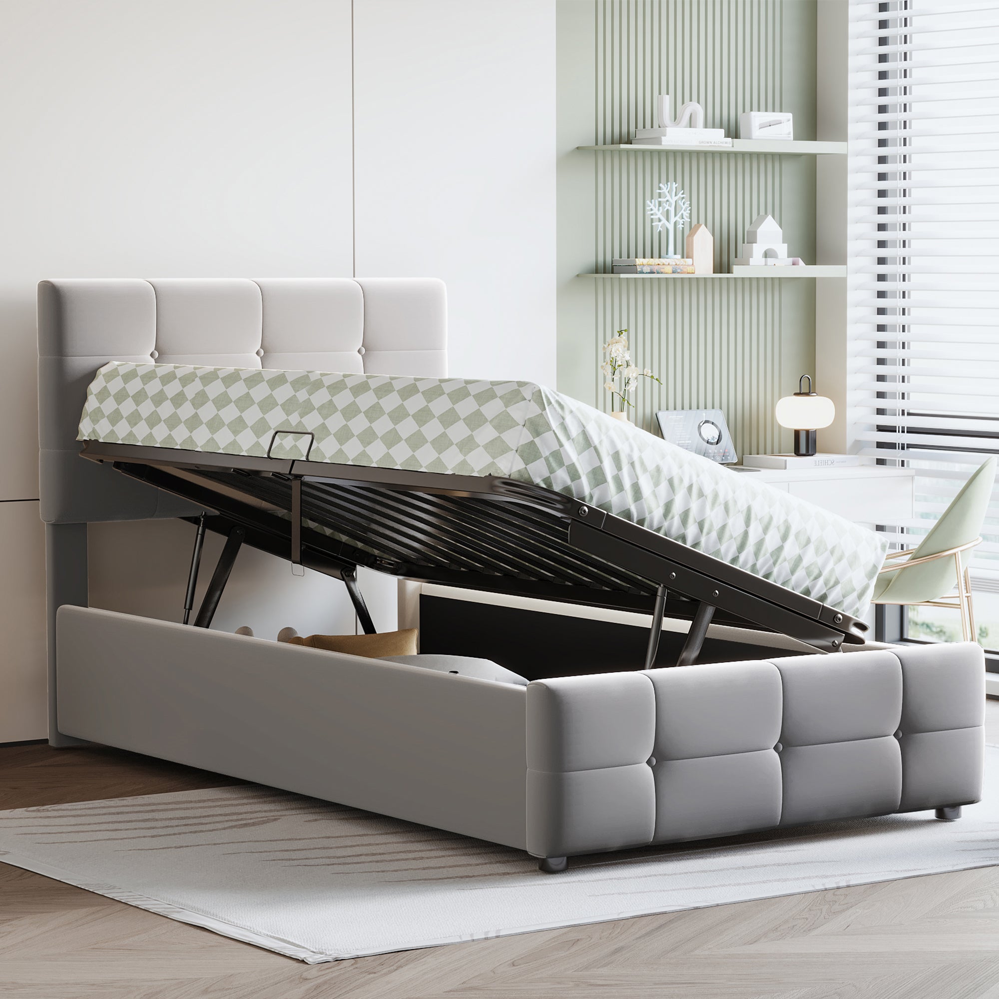 Children's Bed 90x200cm, Hydraulic Storage, Adjustable Headboard, Velvet Grey