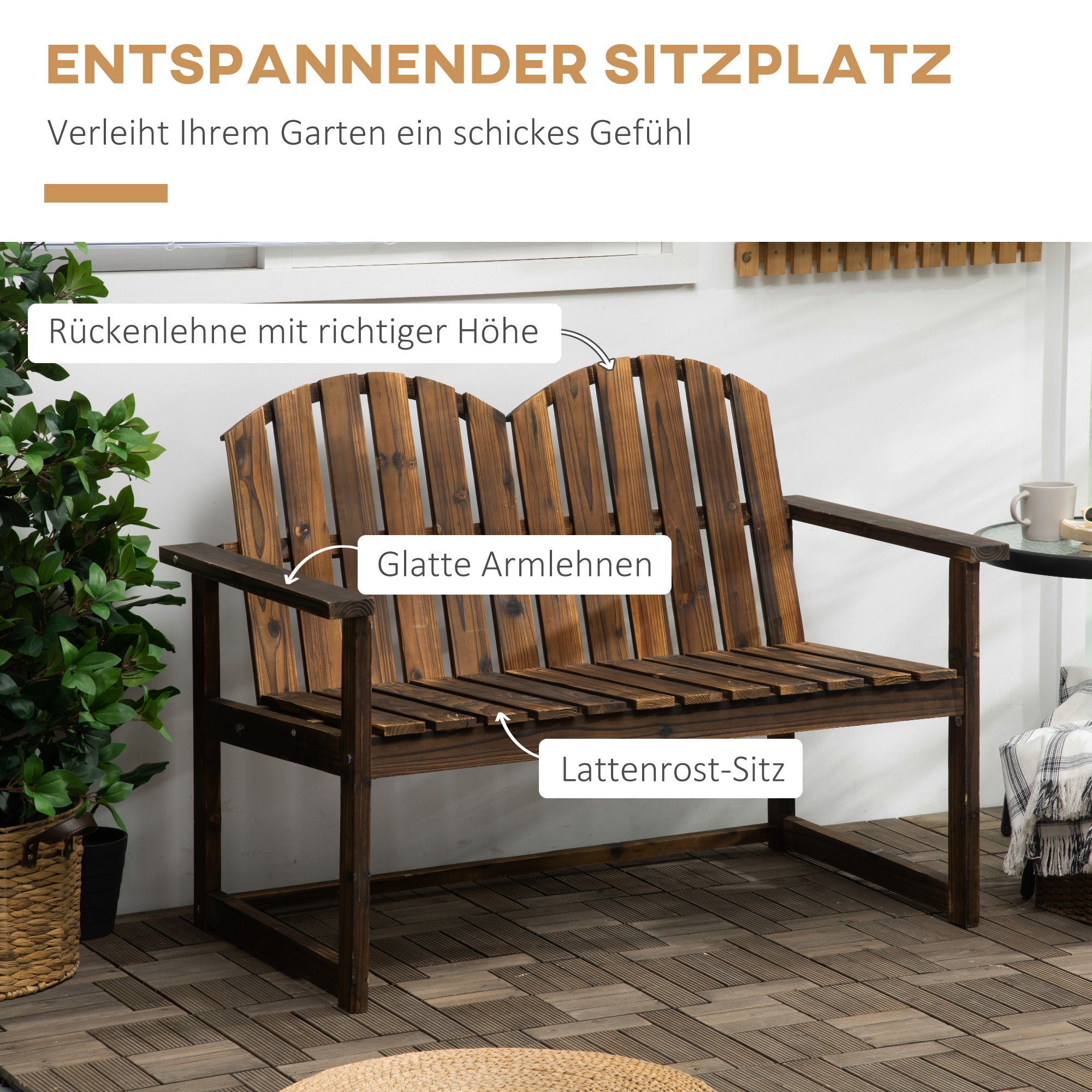 2-Seater Garden Bench, Backrest Armrests 240kg Load Capacity, Charred Wood