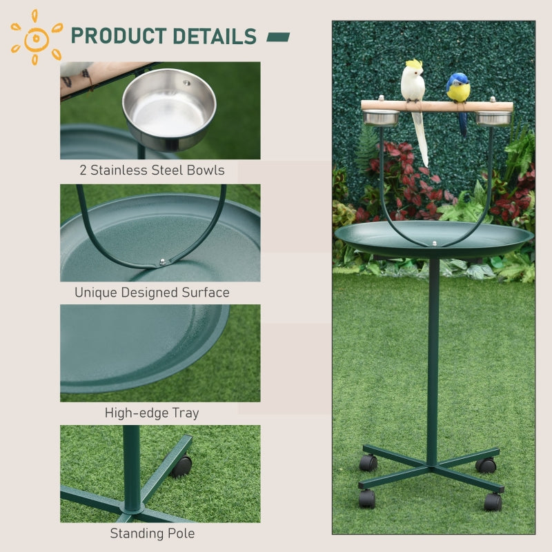 Bird Perch Stand, Four Wheels Feeding Bowls, Green
