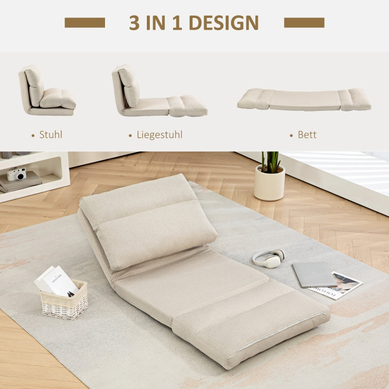 Folding Floor Chair, 6-Level Adjustable, Thick Padding, Bed Function, Beige Linen