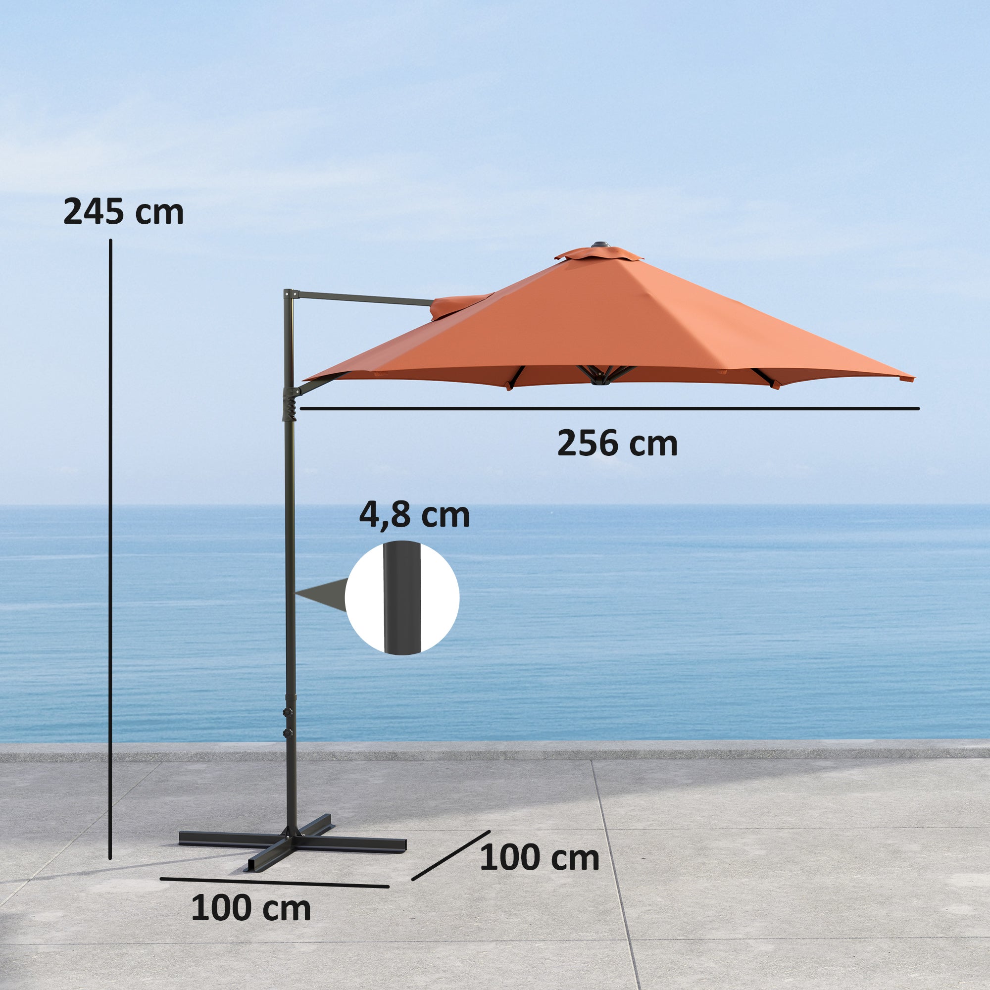 2.5M Garden Cantilever Parasol, Offset 360° Rotation Cross Base, Orange