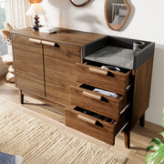 Chest of Drawers, Open Shelf, 3 Drawers & Double-Door Cabinet, Oak with Marble-Effect