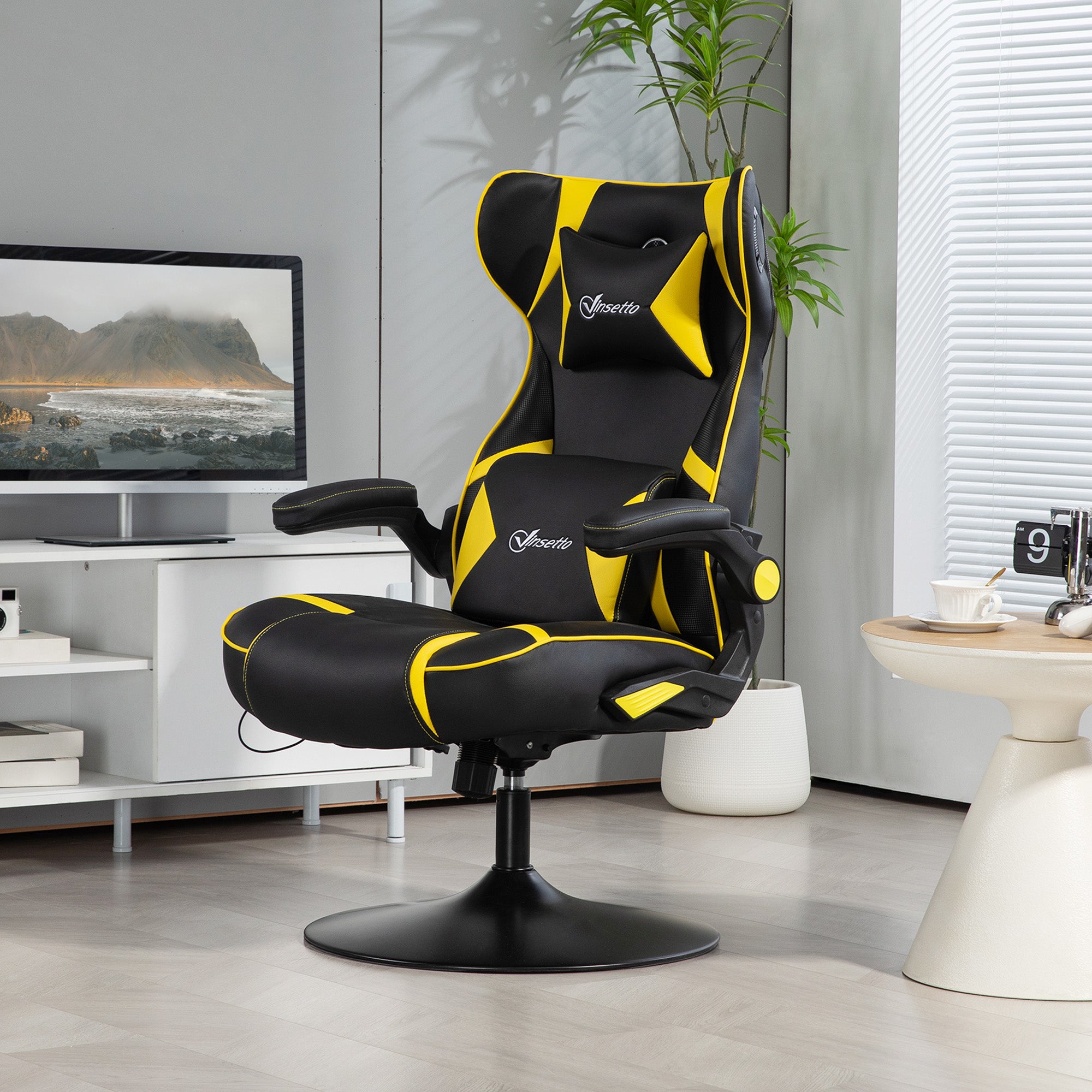 Vinsetto Gaming Chair, Rocker, Swivel, Height-Adjustable, Speaker, Black+Yellow