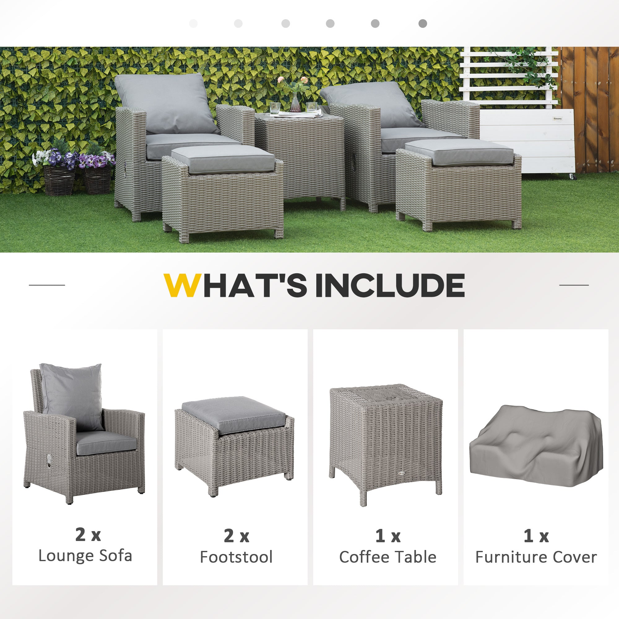 5 Pieces Outdoor Garden Furniture Set, Adjustable Reclining Chairs, Footstools, Cooler Bar Table, Cover, Grey PE Rattan