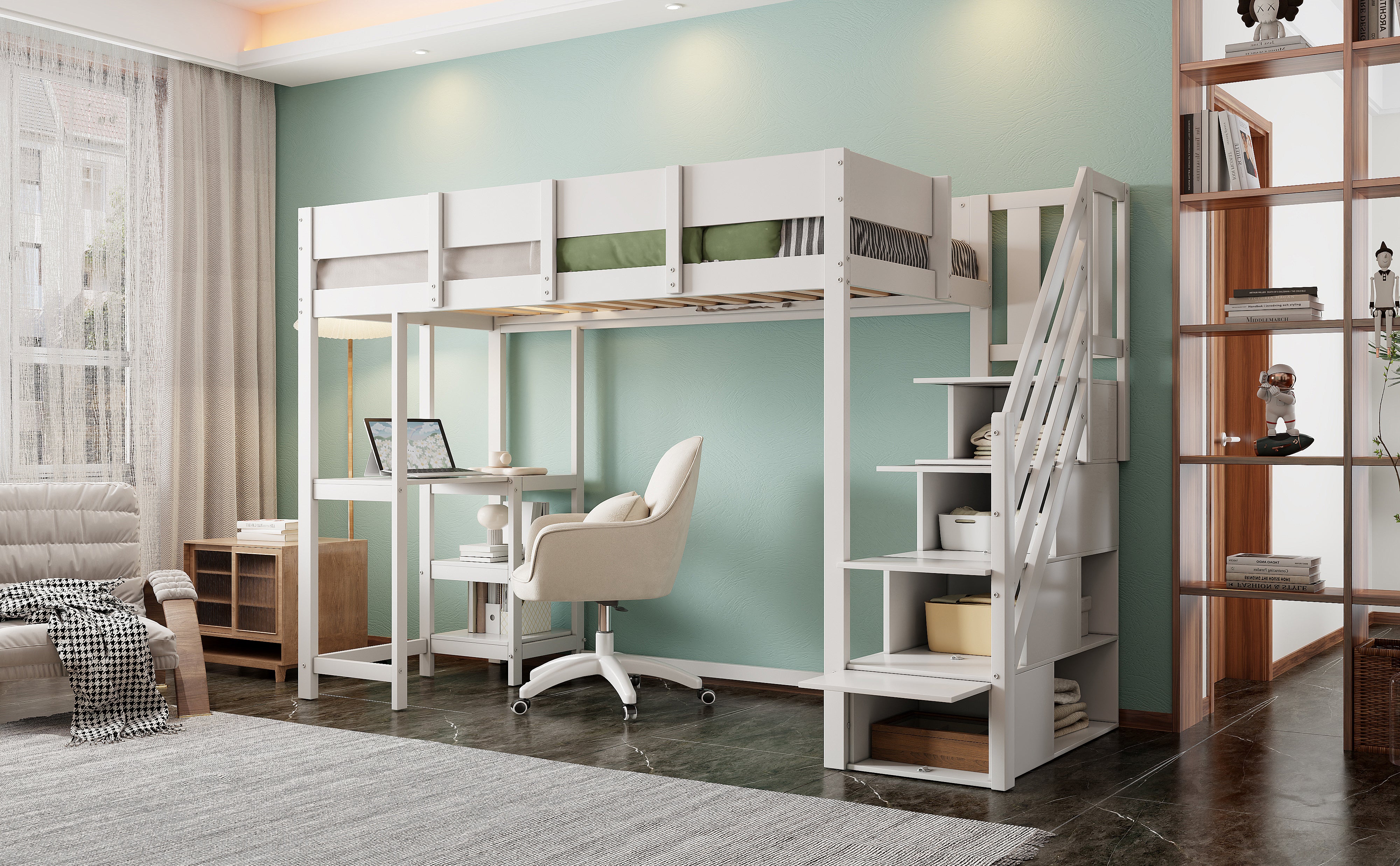 Bunk Bed, Multifunctional Loft with Storage & Shelf, Pine Wood, White