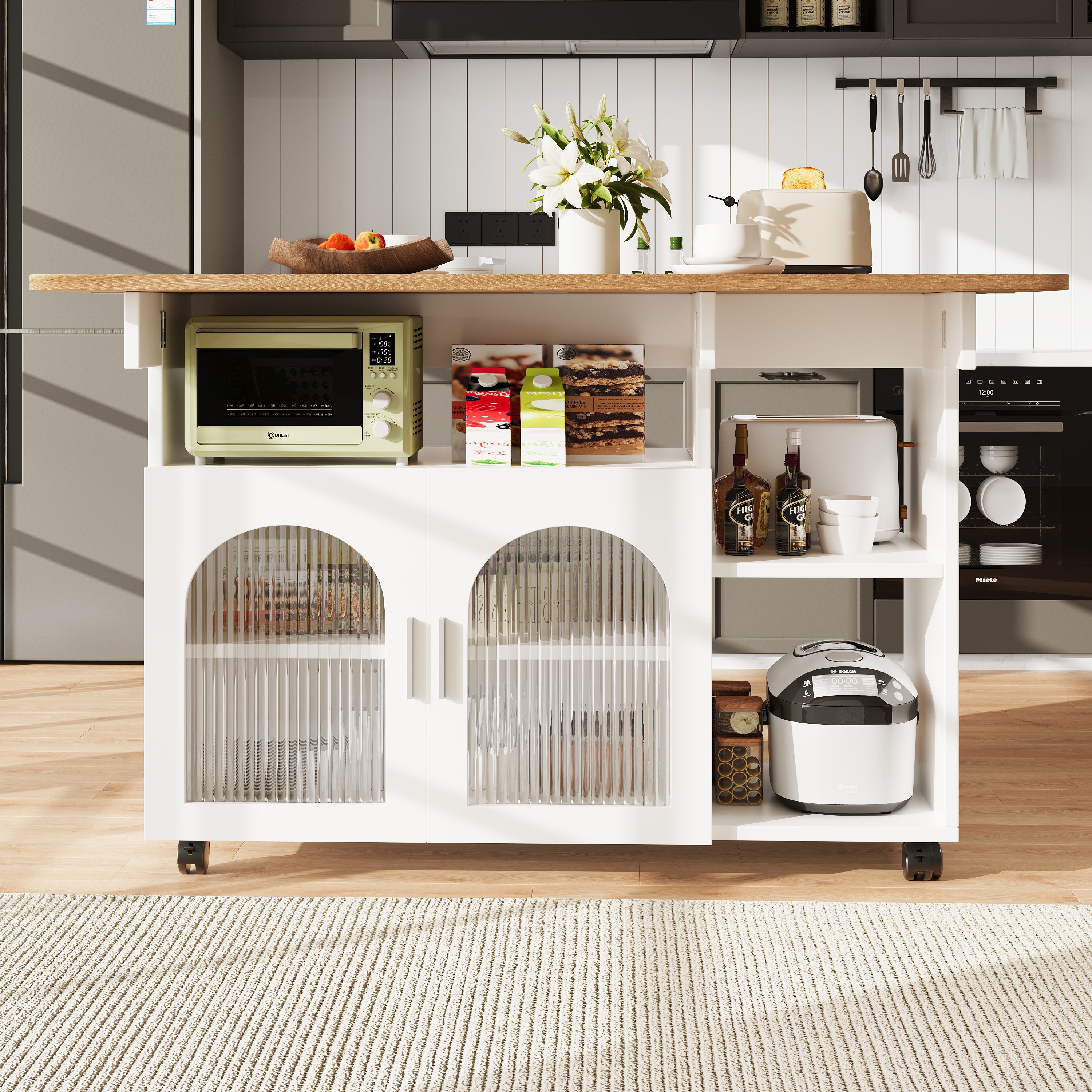 Kitchen Island Dining Cart - Multifunctional Storage, Removable - White Wood Grain