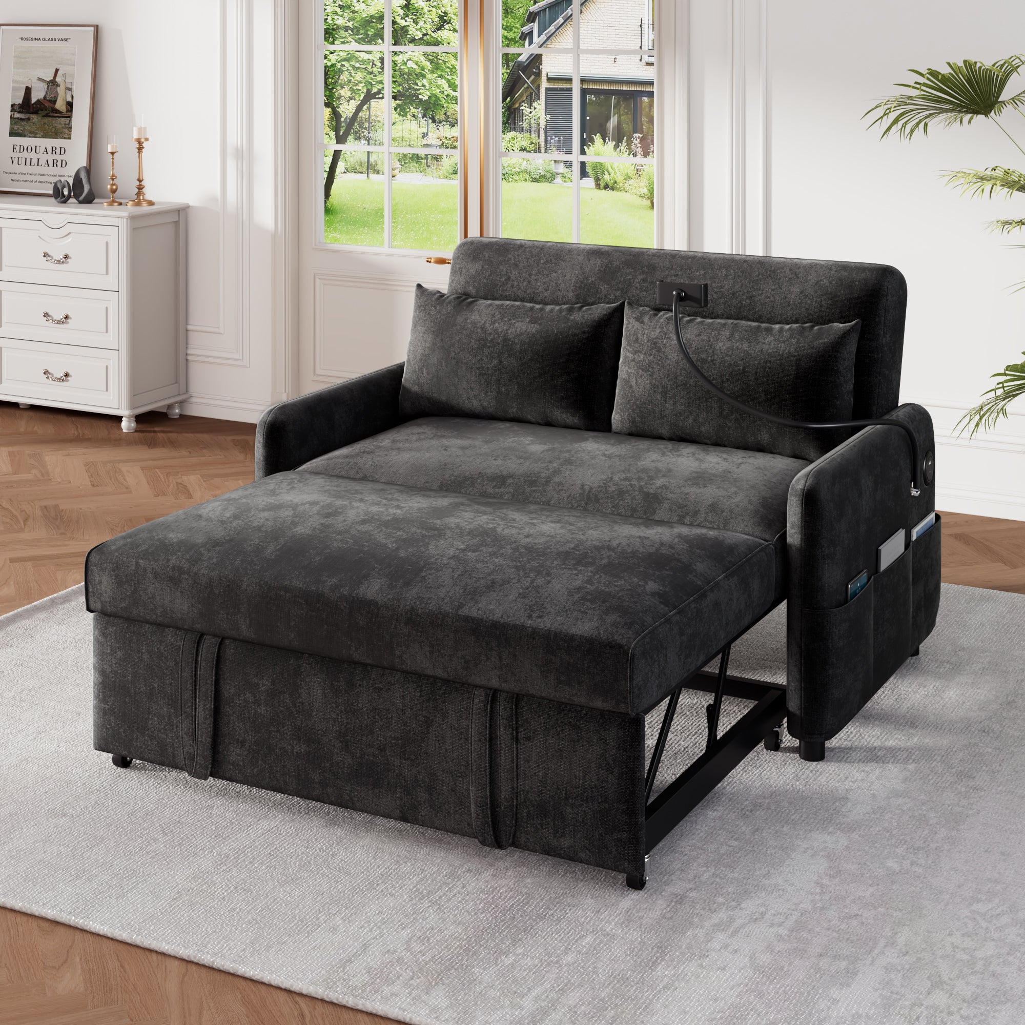 Sofa Bed, Modern Double Folding with Adjustable Backrest, Mobile Holder & USB Port