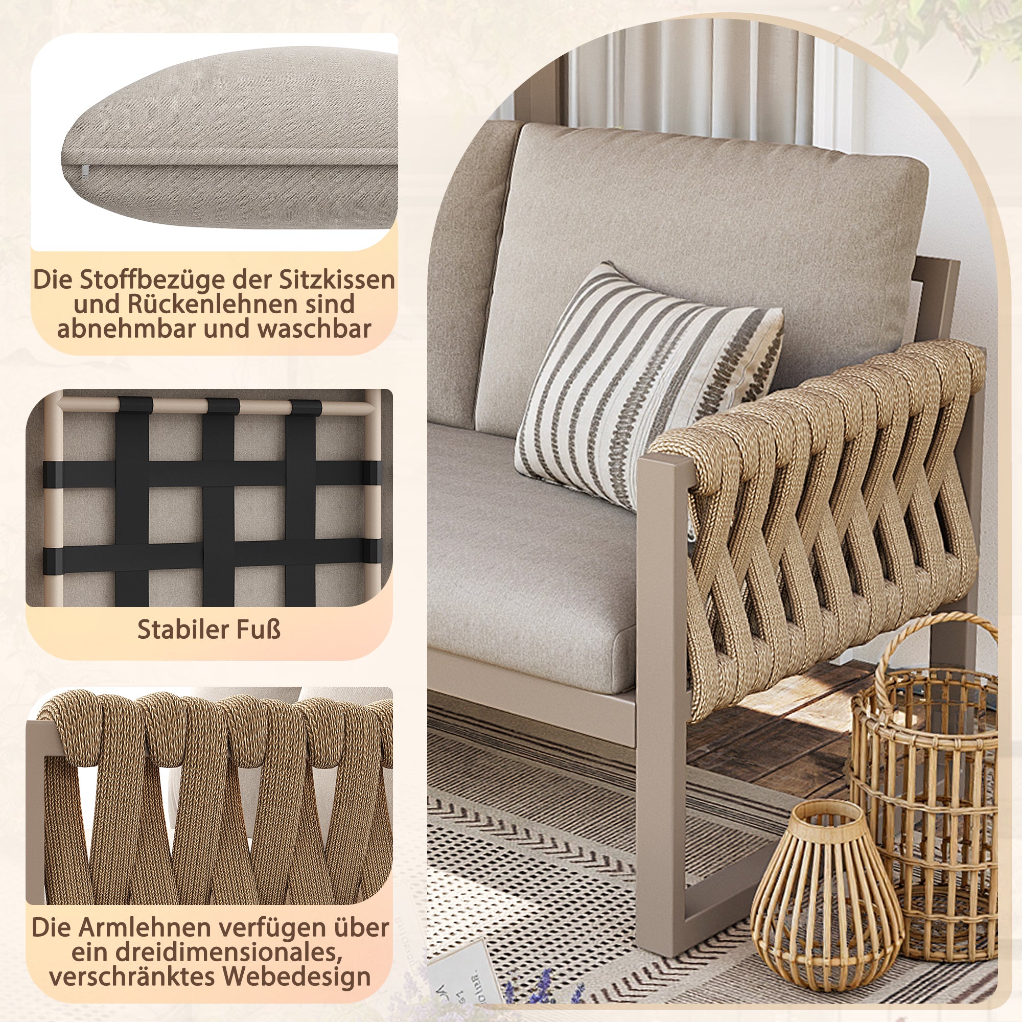 Garden Lounge Set Modular 5-6 Seater Adjustable Legs Water-Repellent Cushions - Beige