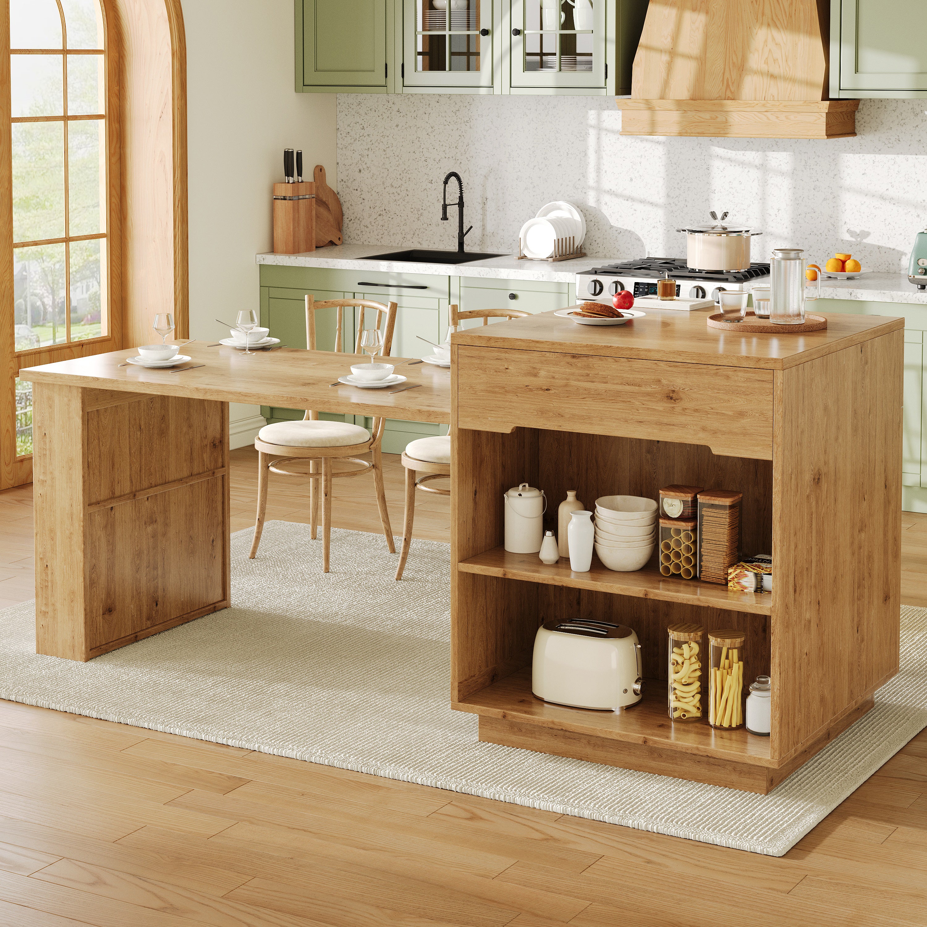 Kitchen Island with Extendable Table, Multifunctional Cabinet with LED Lighting and Drawers, Oak Look