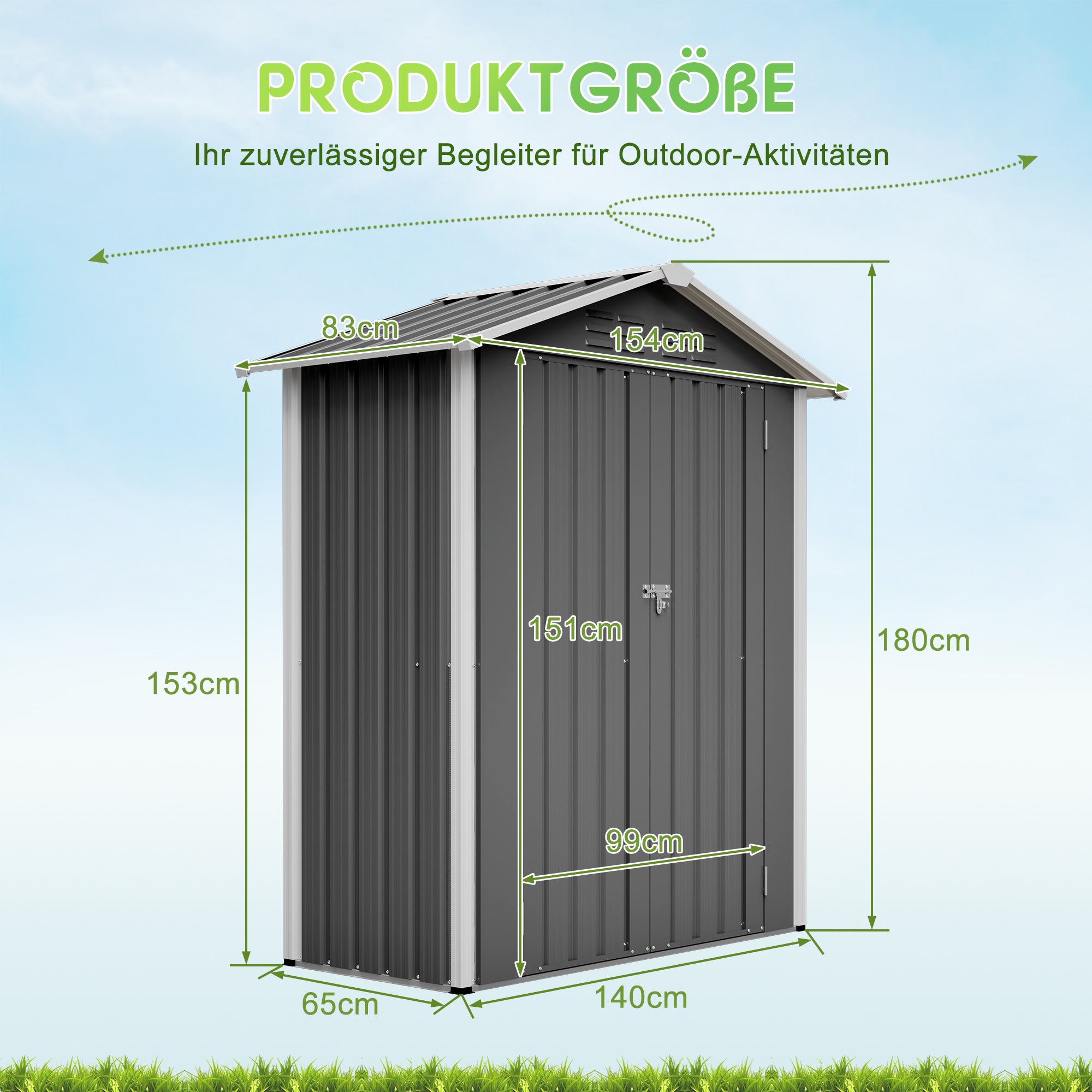 154x83x180cm Metal Garden Shed, Ventilated & Lockable, Grey