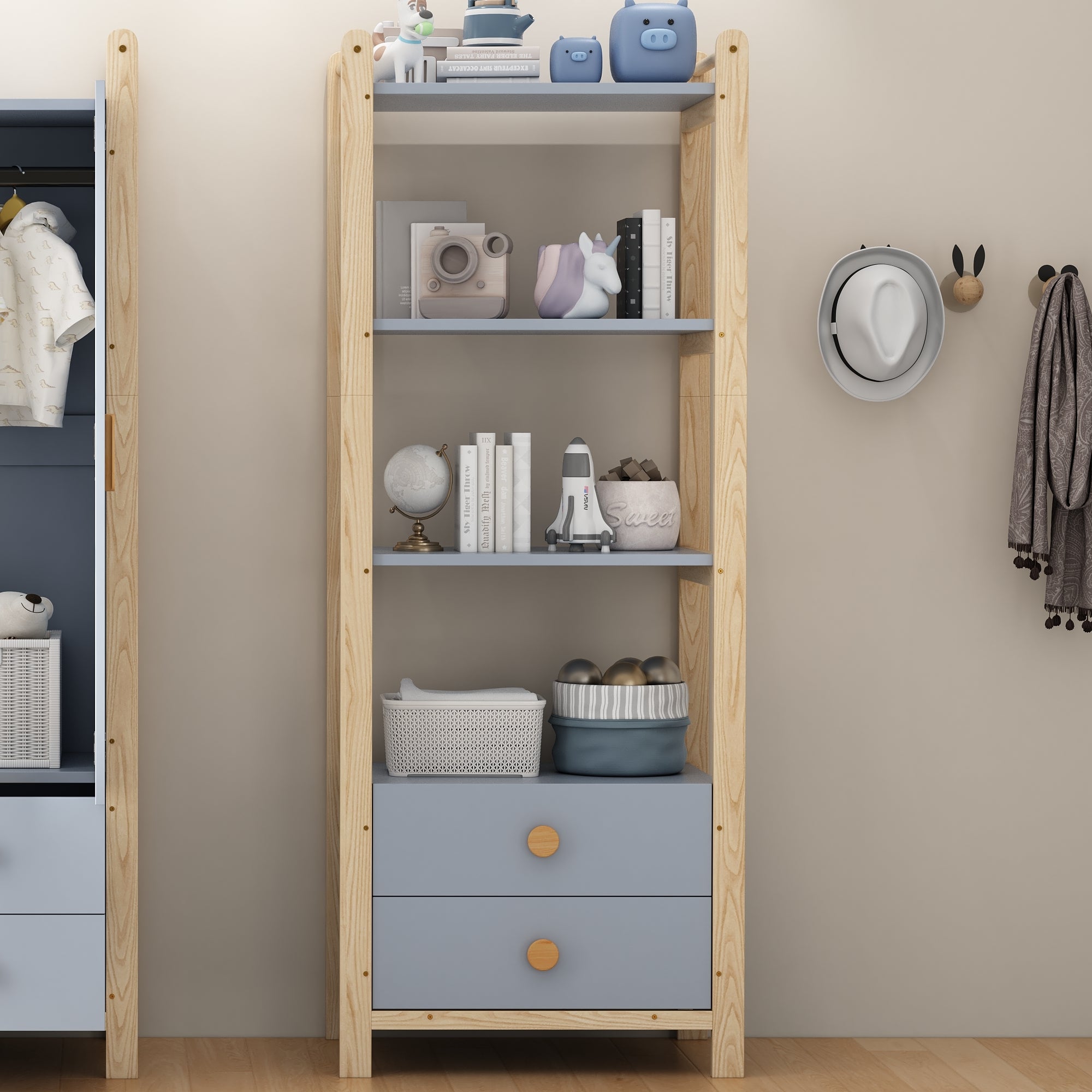 Freestanding Shelf Unit, 2 Drawers 4 Shelves 70x44x180cm, Blue and Natural Wood Pine Frame