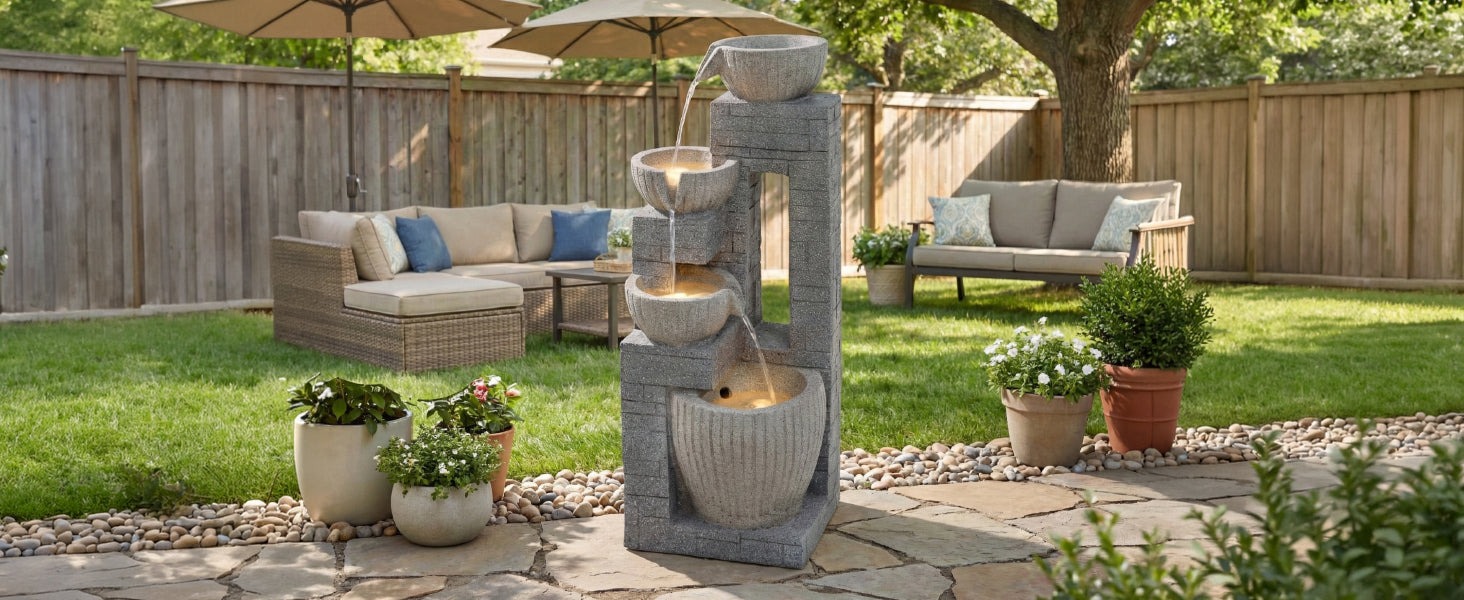 80 cm Layered Stone Basin with LED Fountain for Garden and Terrace, Stone Grey