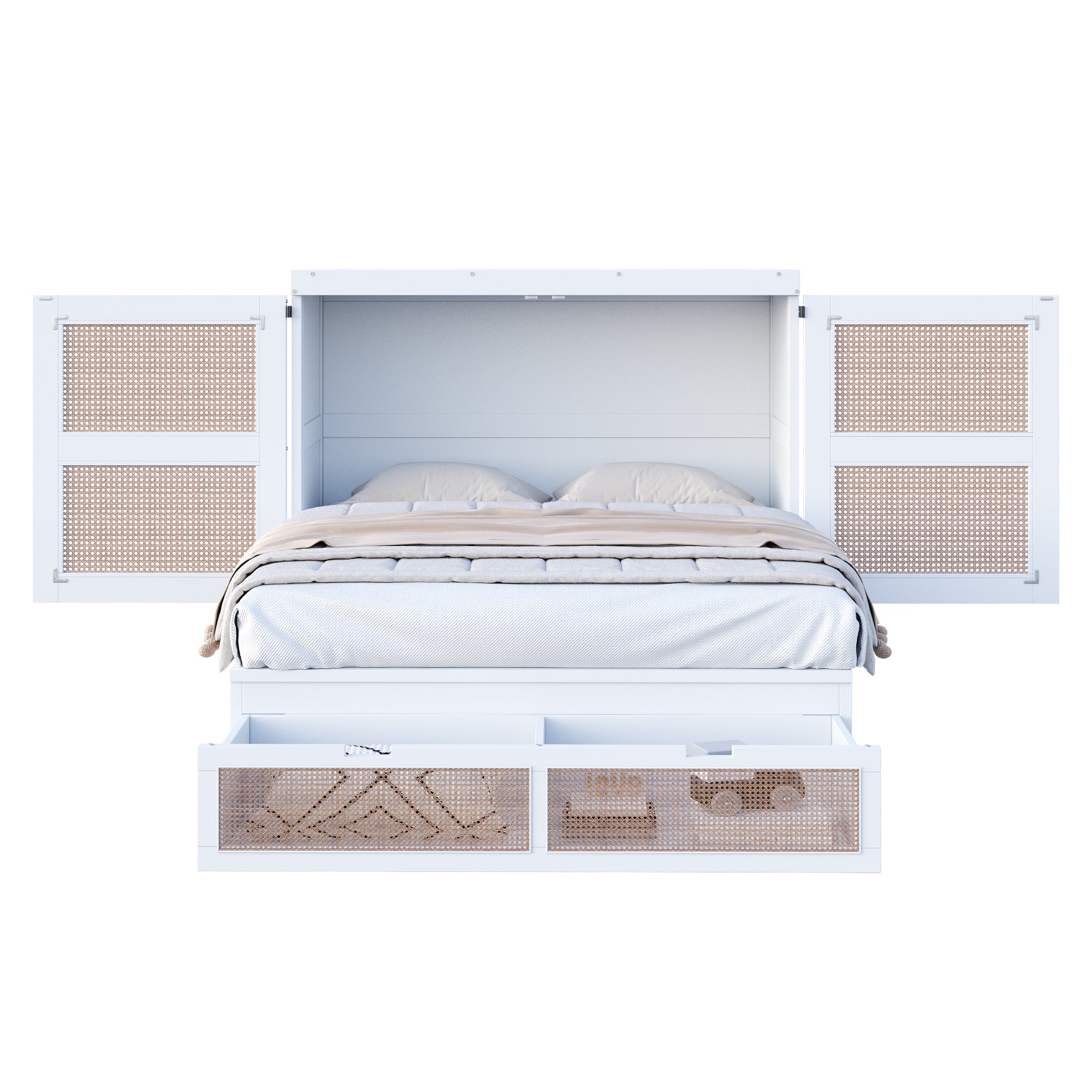 Wall Bed 140x200cm, Vertical with Slatted Frame & Storage Drawers, Rattan Design White