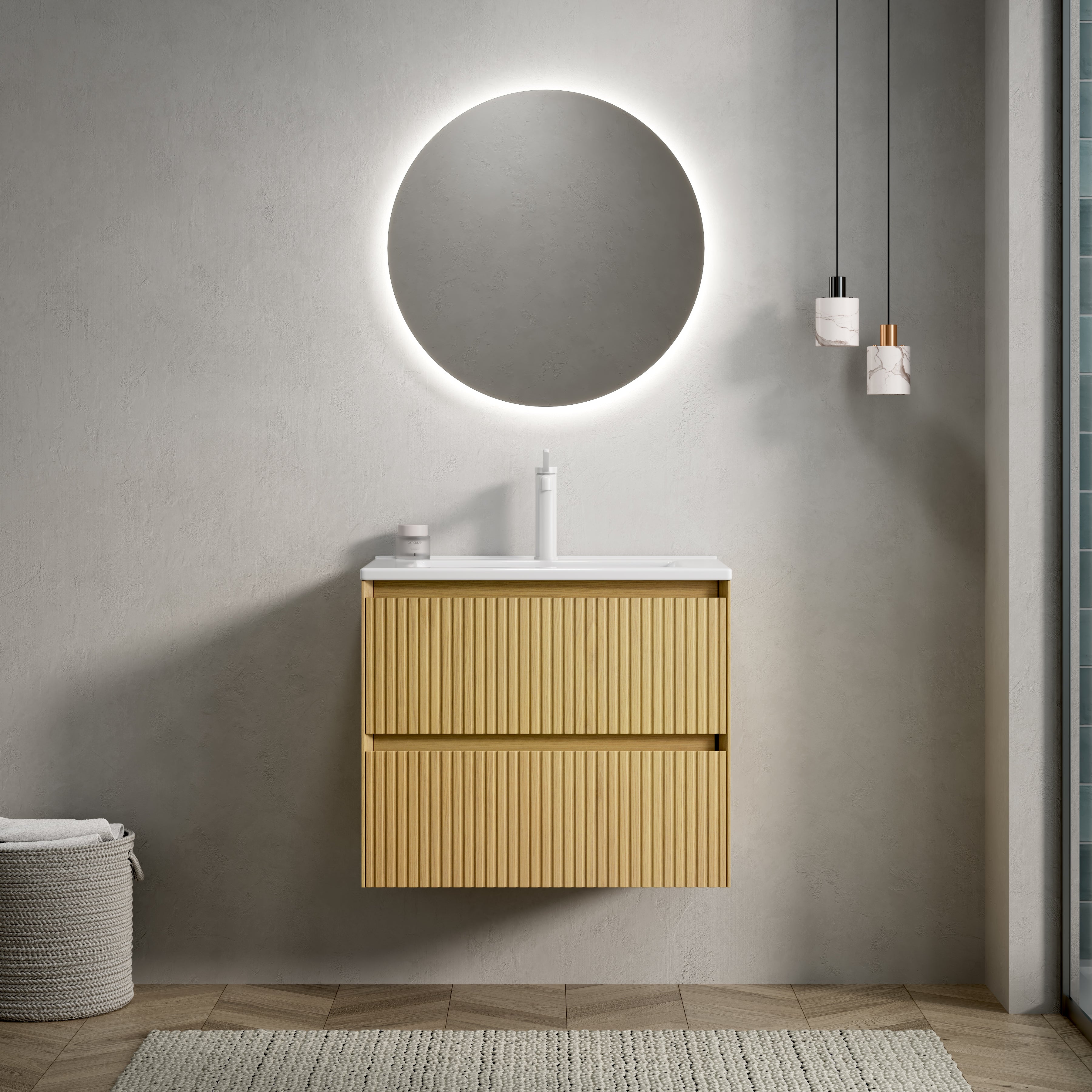 Wall-mounted Bathroom Vanity Unit with Ceramic Sink and 2 Drawers, Collora Wood Grain