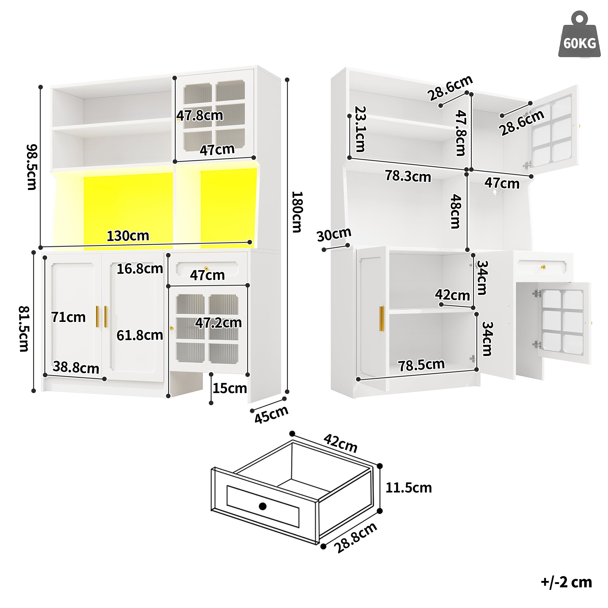 Tall Kitchen Cabinet with Glass Doors and LED Lighting, White