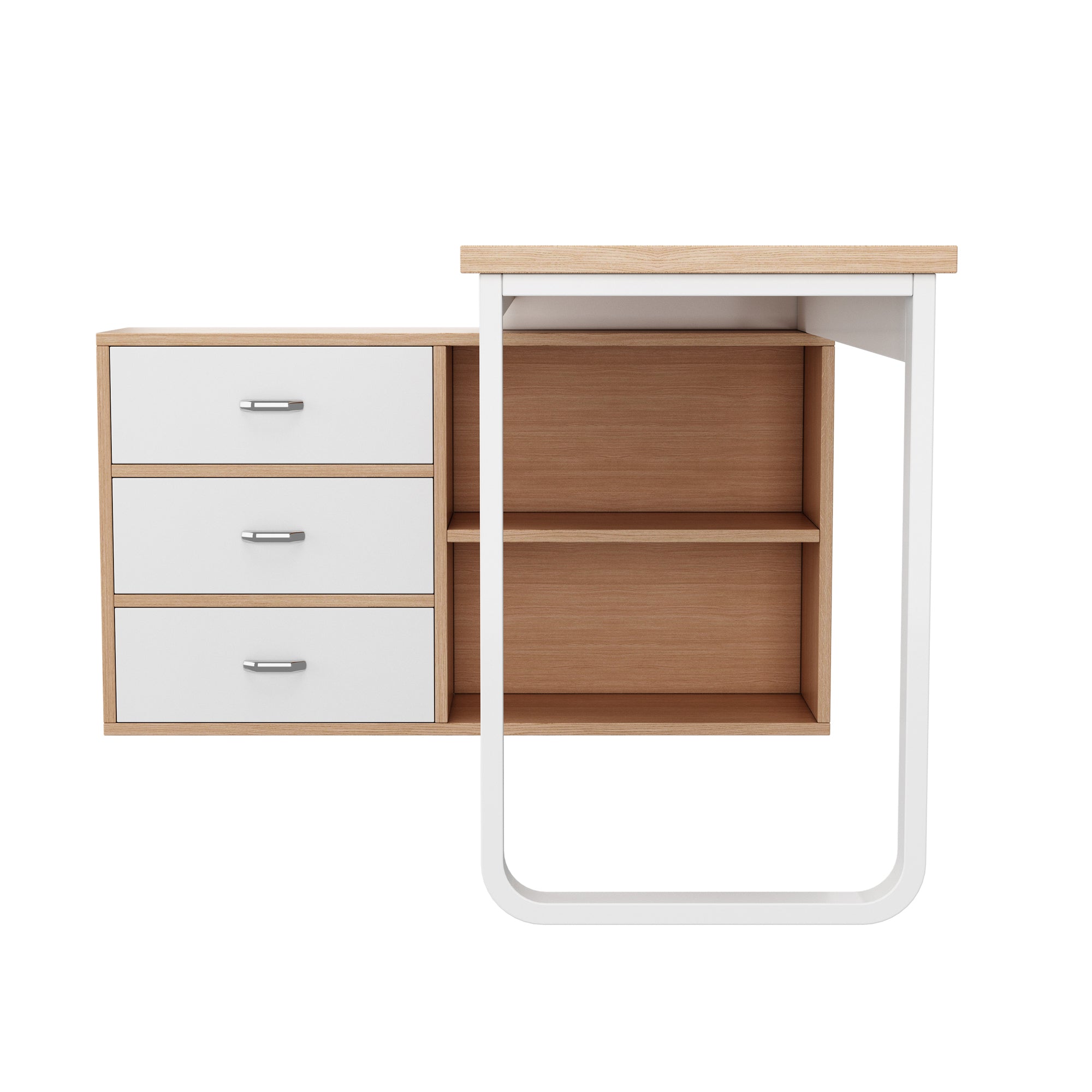 Simple Desk/Office Desk, Three Drawers, Two Open Storage, Natural